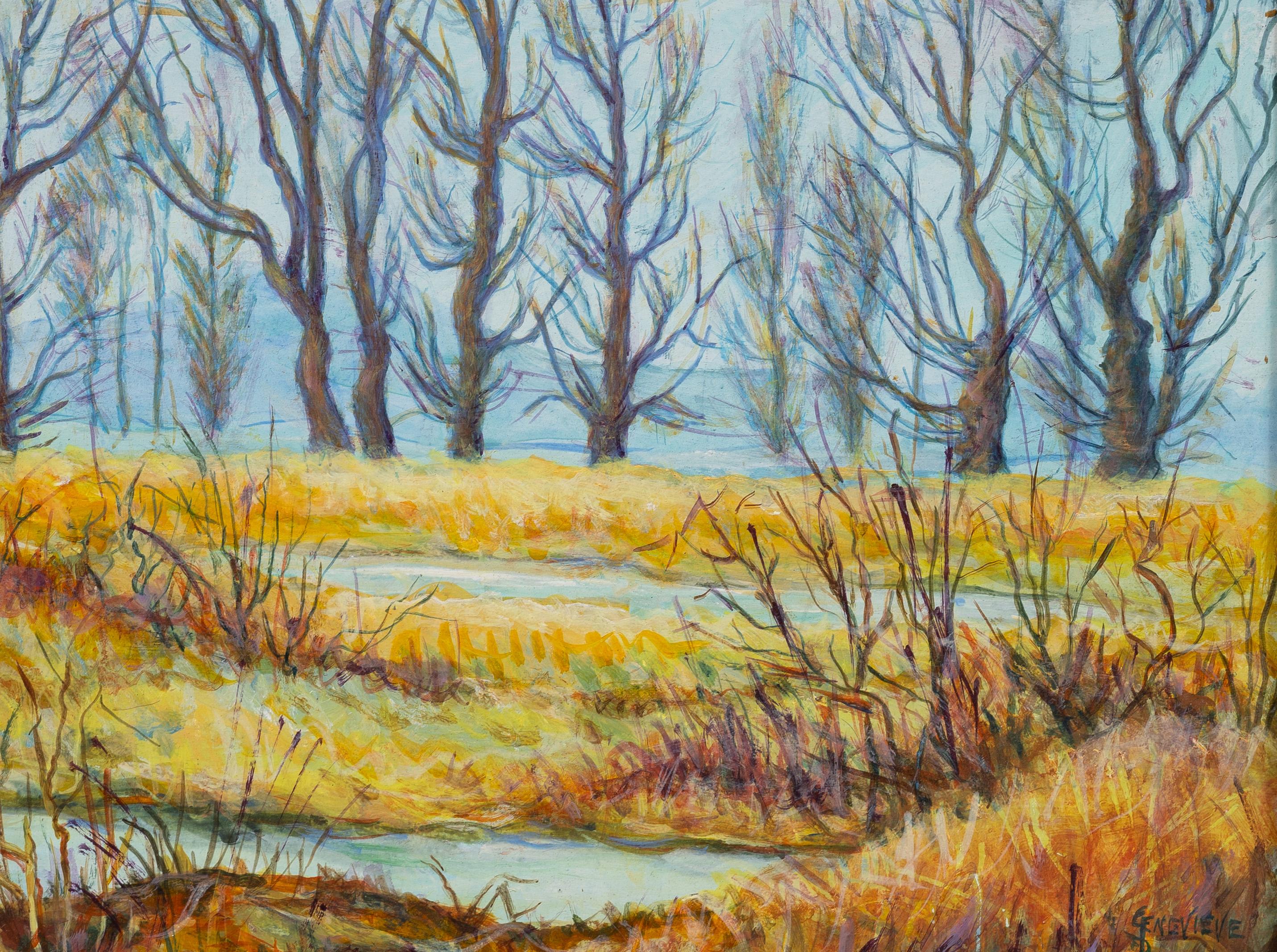 Antique American Impressionist Normandy Marsh Landscape Framed Oil Painting For Sale 2