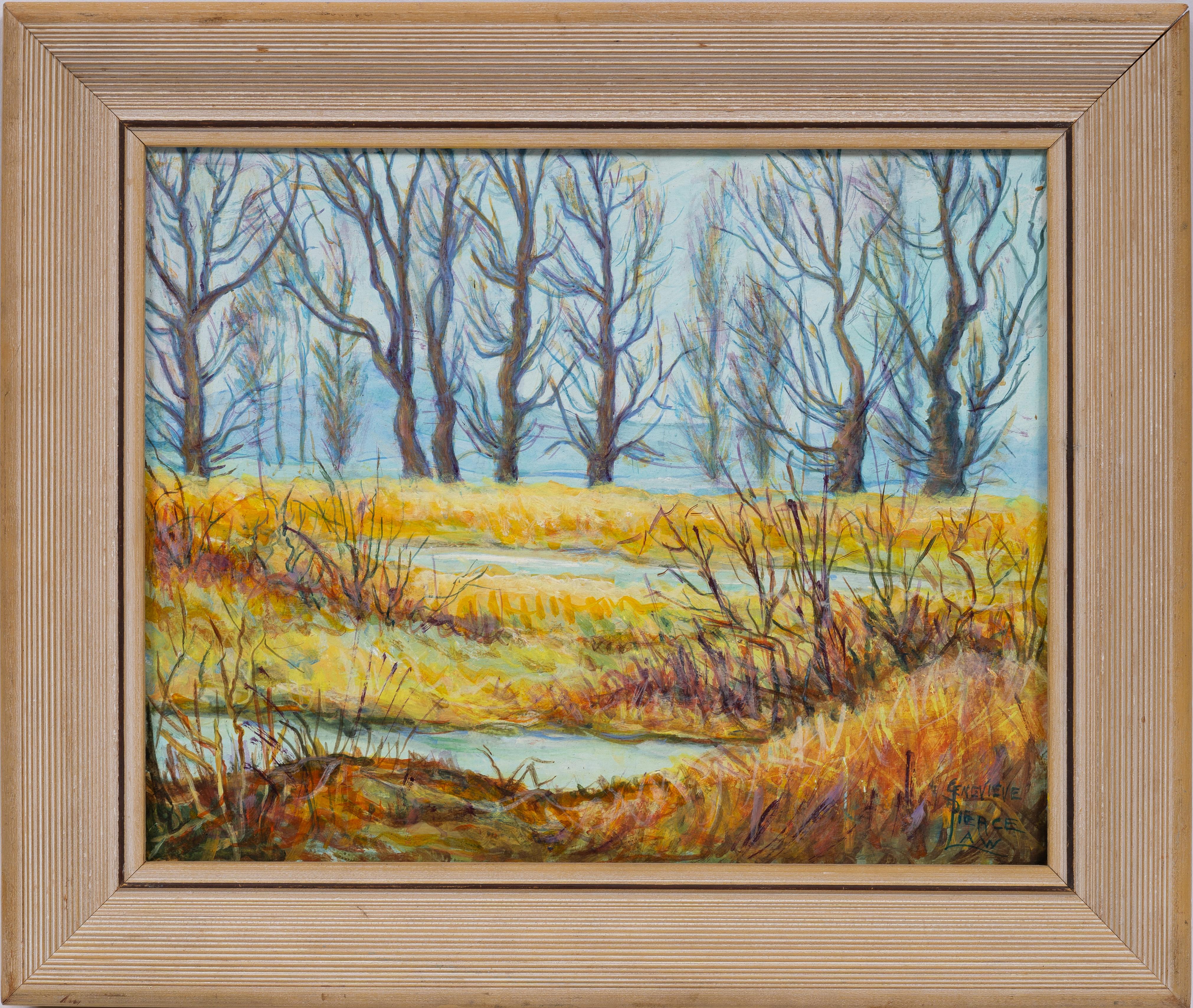 Abstract Painting Genevieve Pierce Law  - Ancienne peinture à l'huile impressionniste américaine encadrée de paysage de Normandie encadrée