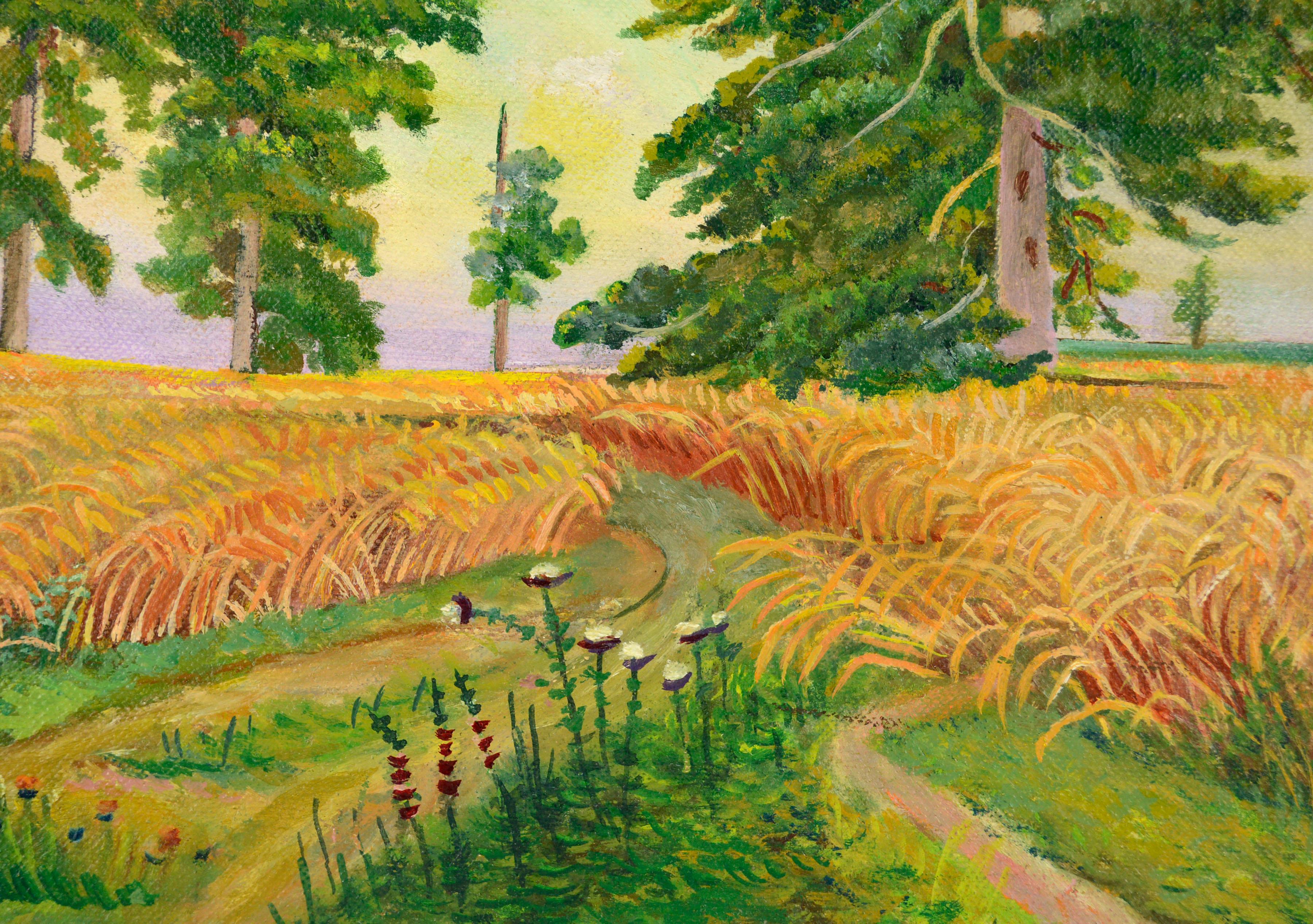 Mid Century Fields of Wheat Landscape by Genevieve Rogers 

Idyllic landscape of a path winding through a field of wheat, punctuated by wildflowers and tall verdant trees, by Monterey, California artist Genevieve Rogers (American, 1904-1984).