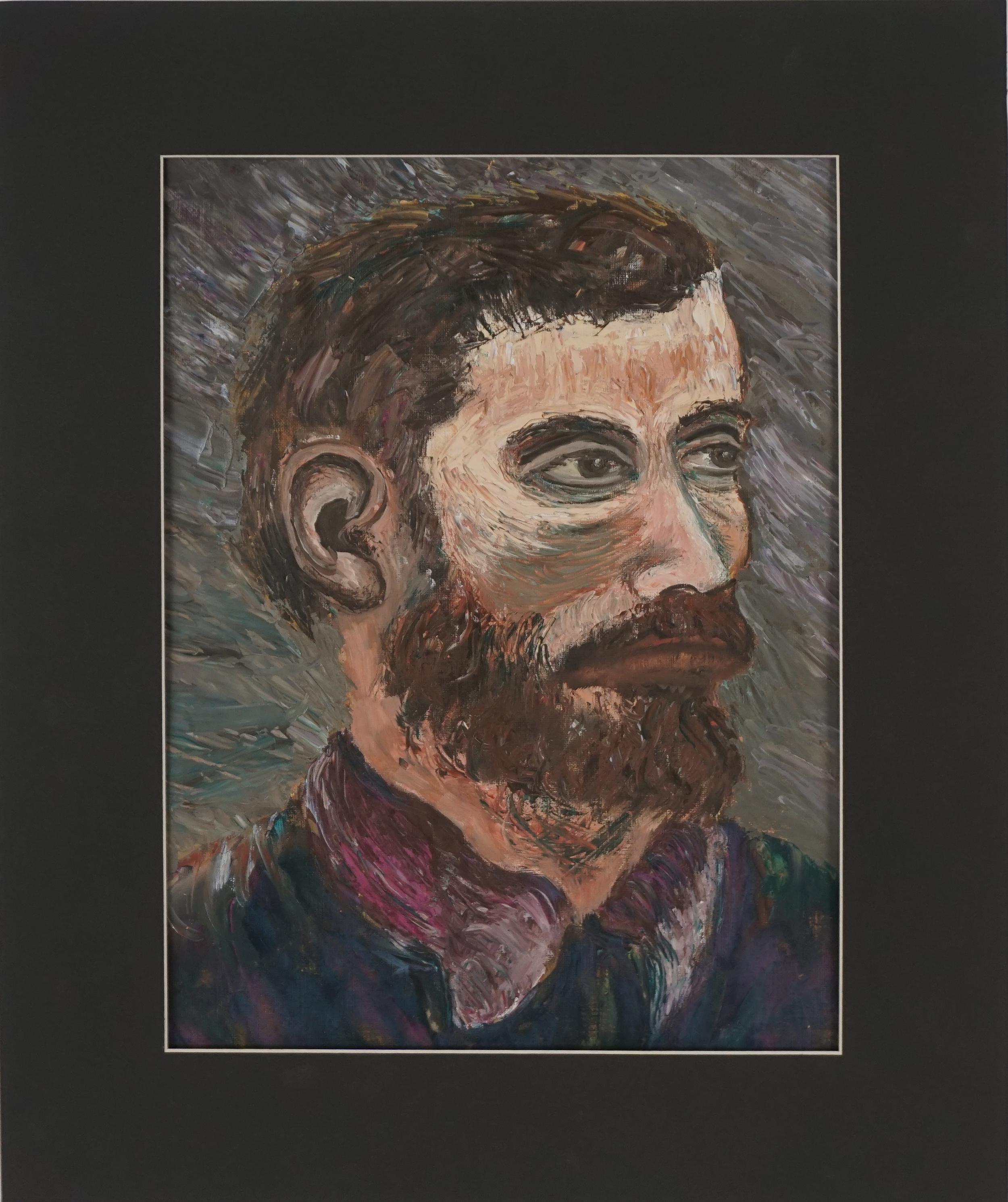 Figurative Painting Genevieve Rogers - Portrait original à l'huile d'un homme barbu, expressionniste abstrait 