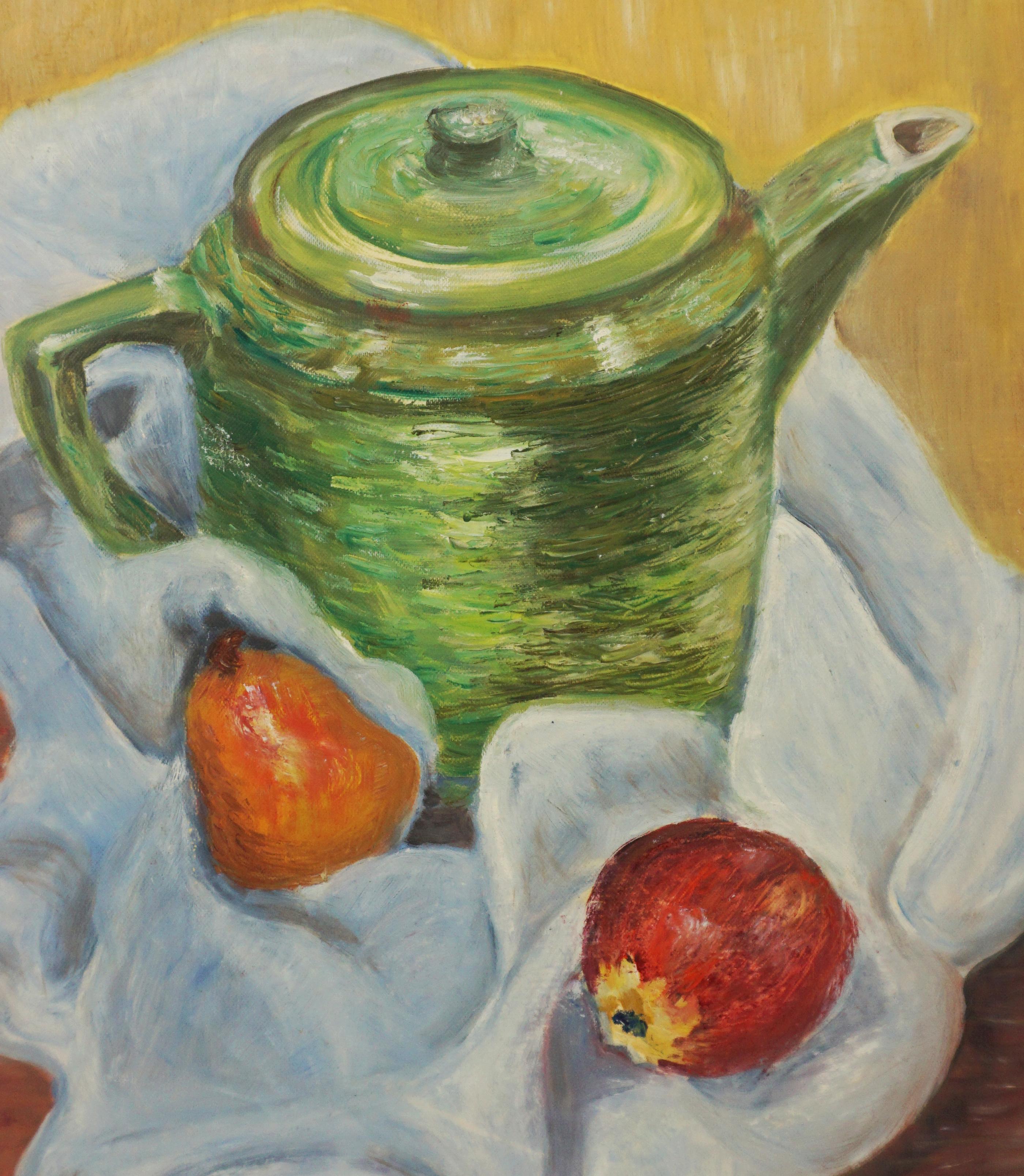 Mid Century Green Teapot Still-Life  - Painting by Genevieve Rogers