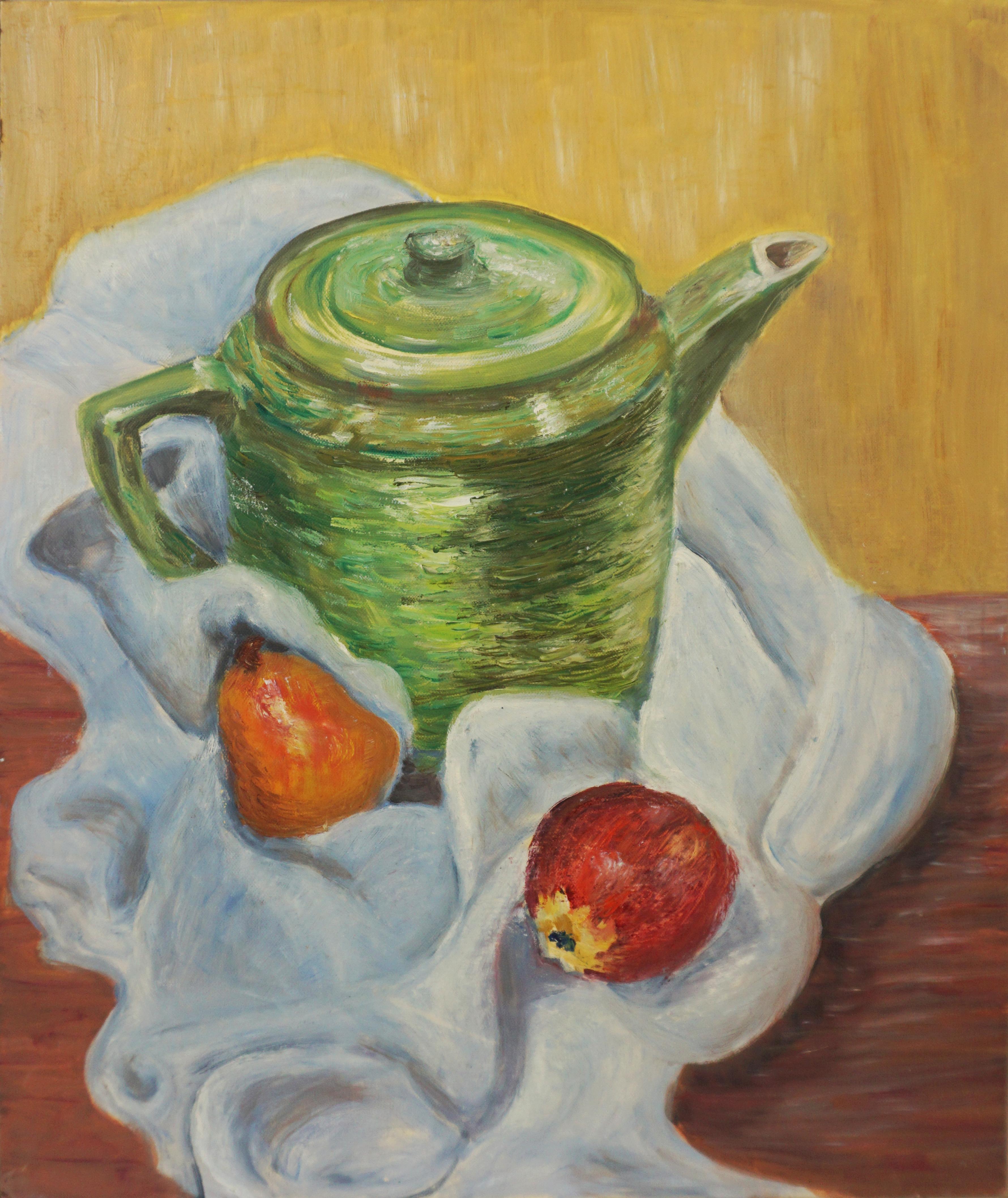 Genevieve Rogers Still-Life Painting - Mid Century Green Teapot Still-Life 