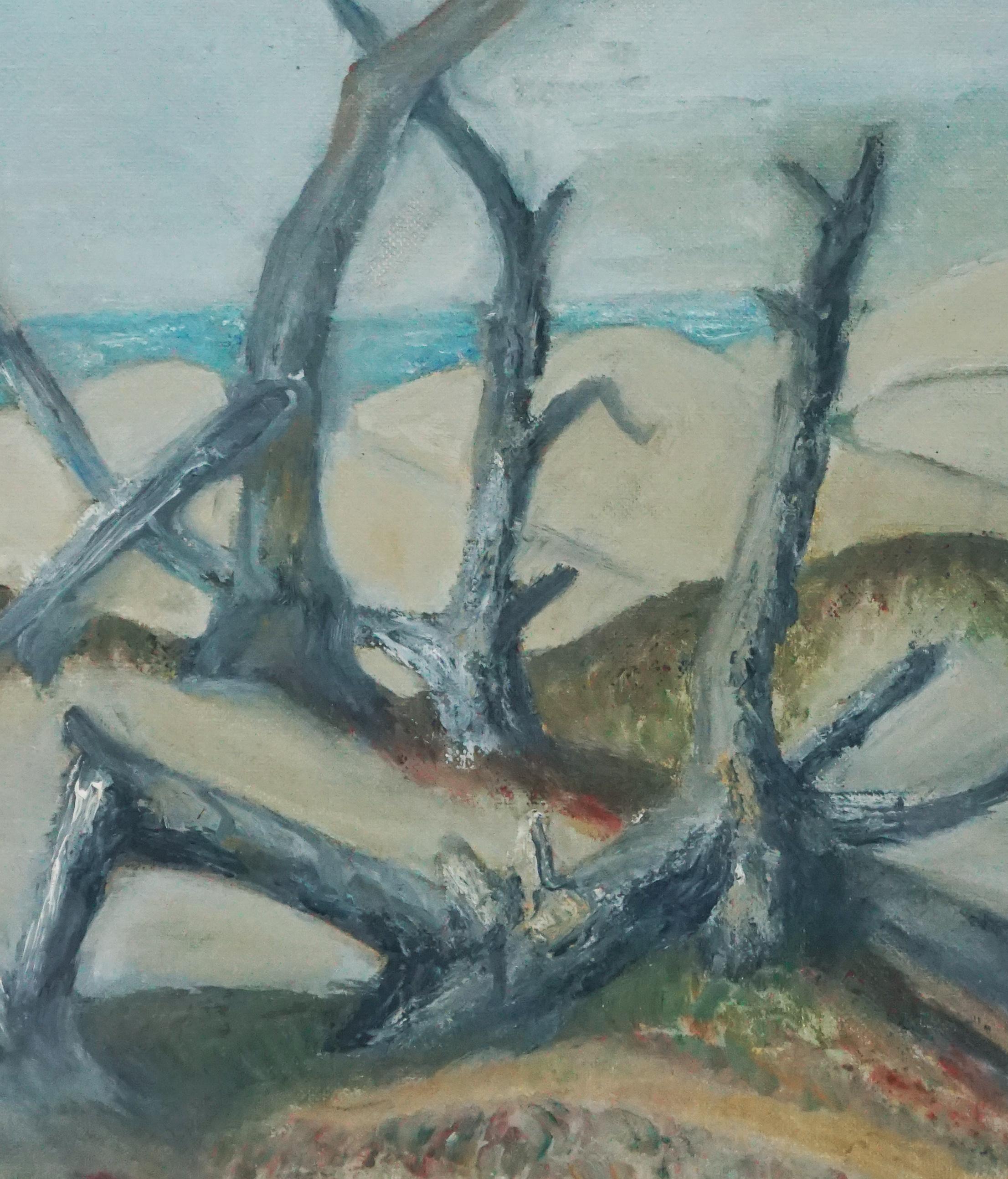 Driftwood on the Beach, Mid Century Coastal Landscape  - Painting by Genevieve Rogers