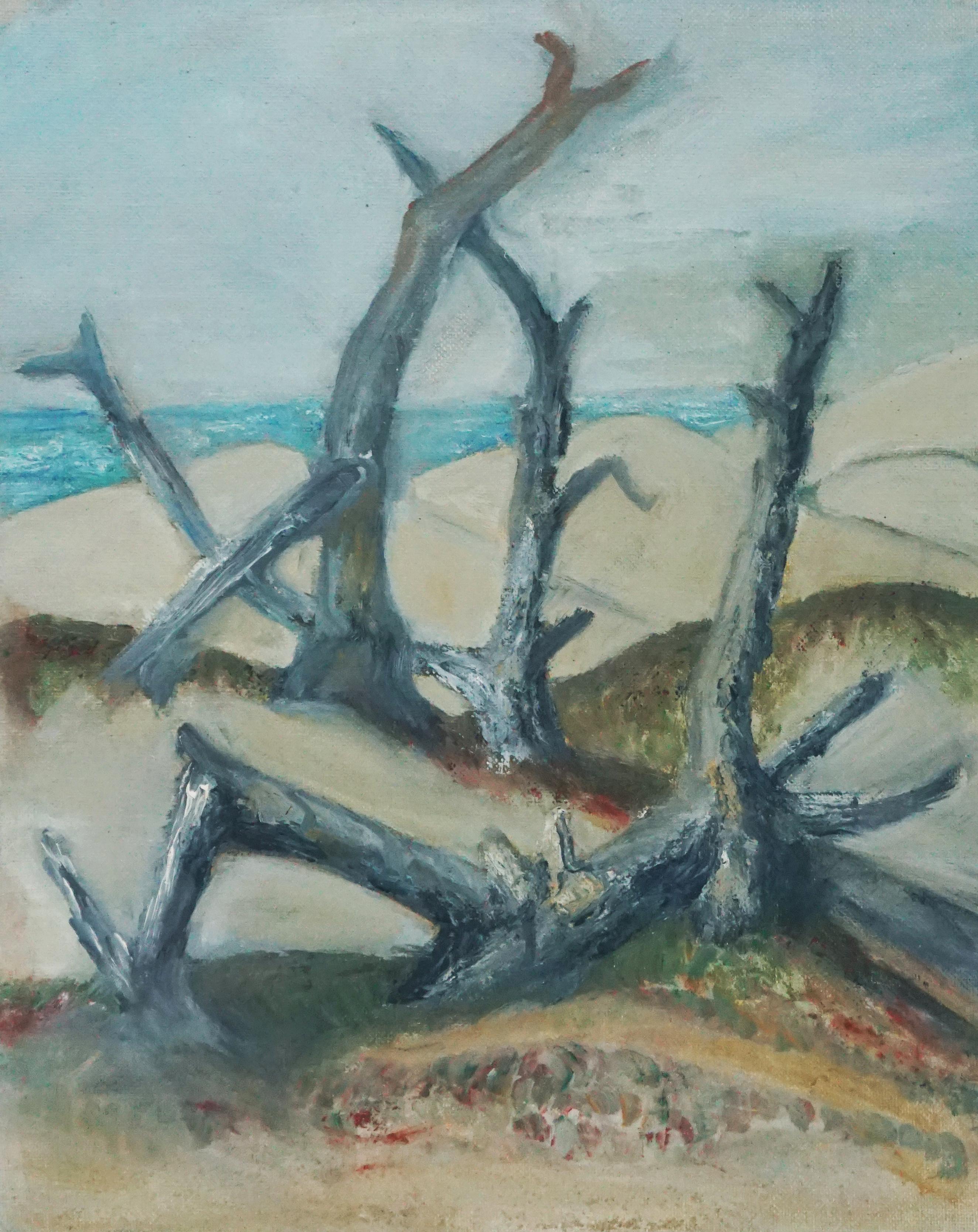 Driftwood on the Beach, Mid Century Coastal Landscape 