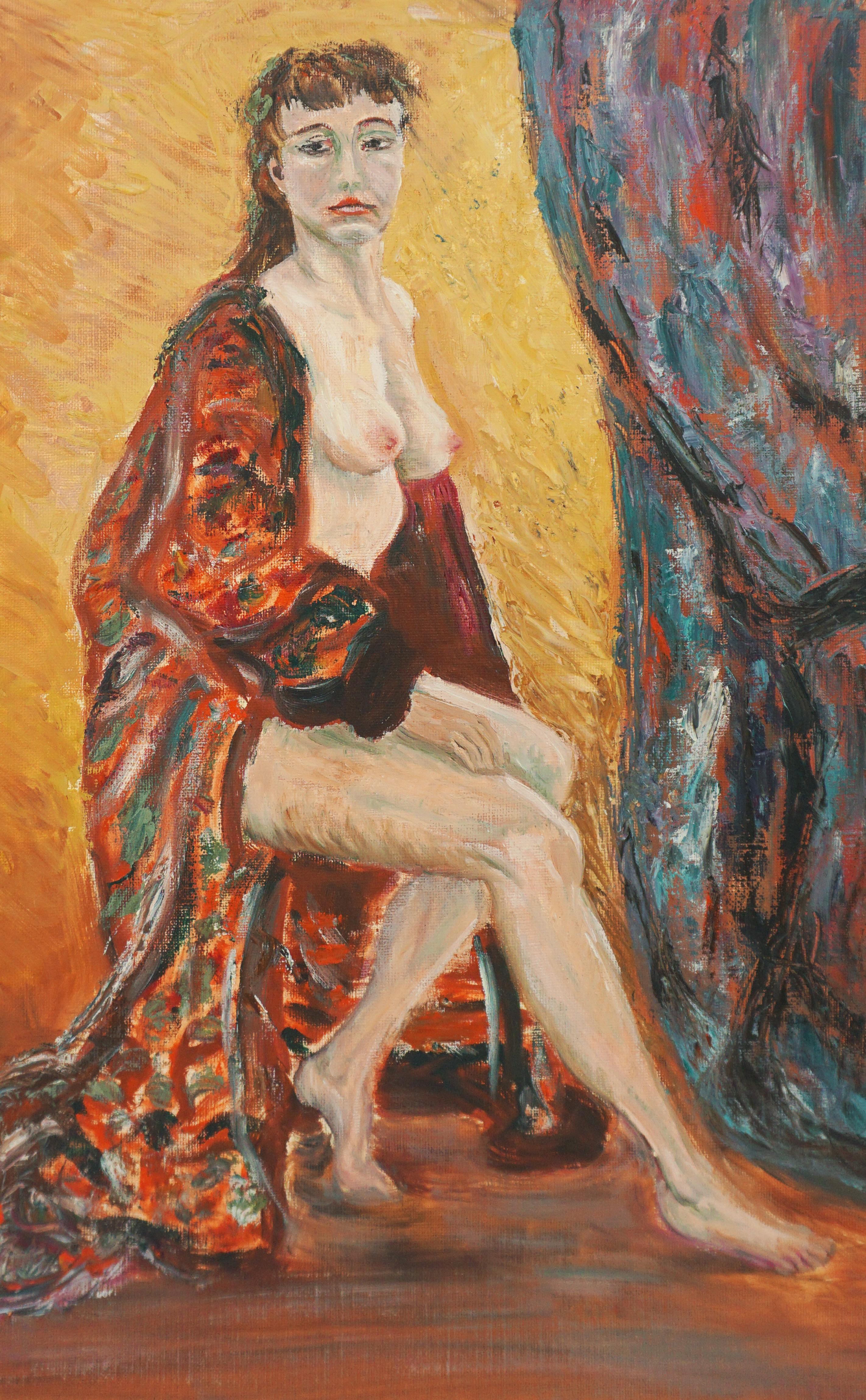 Sitzende nackte Figur aus der Mitte des Jahrhunderts mit rotem Roben  – Painting von Genevieve Rogers
