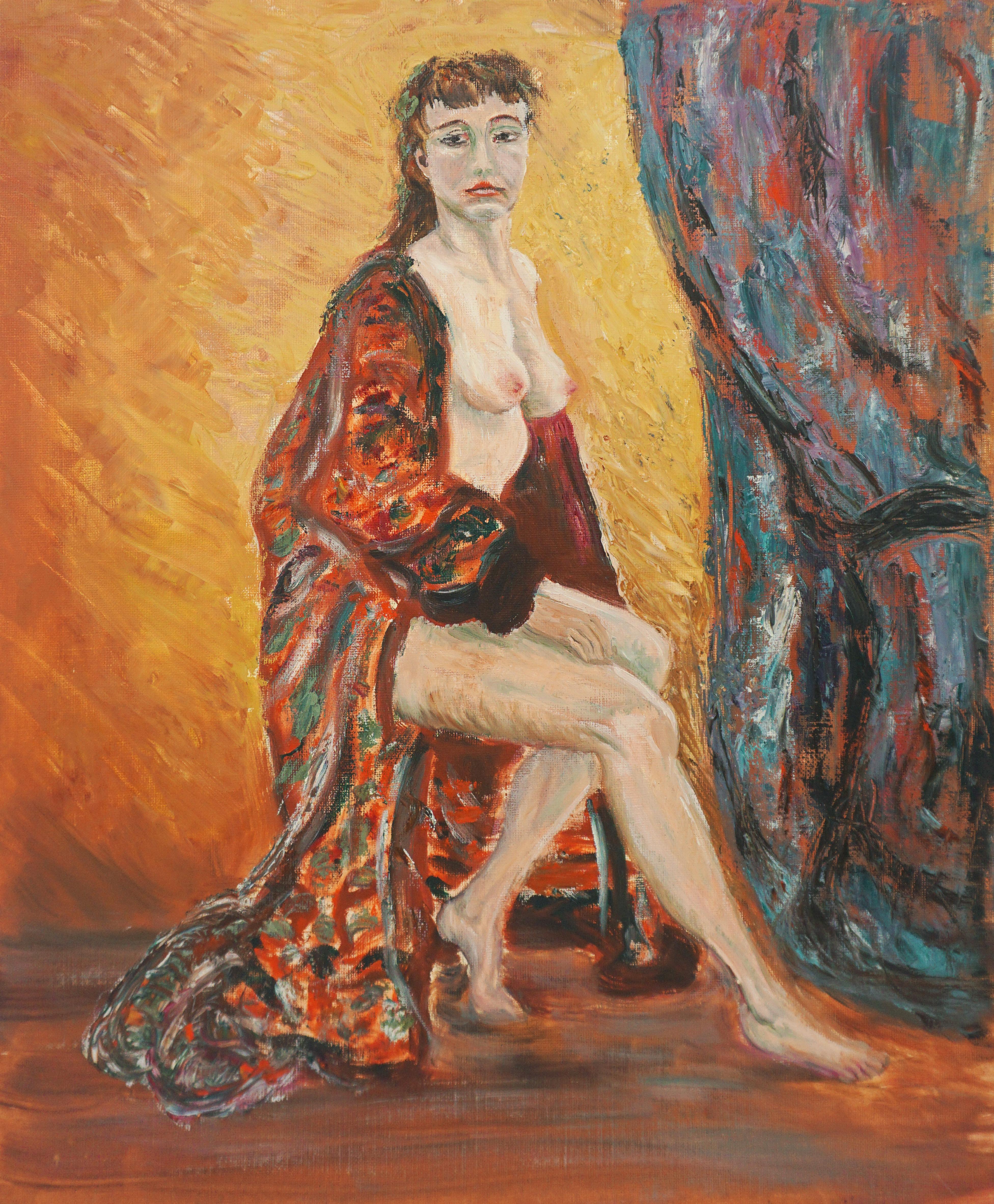 Genevieve Rogers Nude Painting – Sitzende nackte Figur aus der Mitte des Jahrhunderts mit rotem Roben 