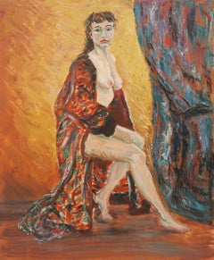 Retro Mid Century Seated Nude Figure with Red Robe 