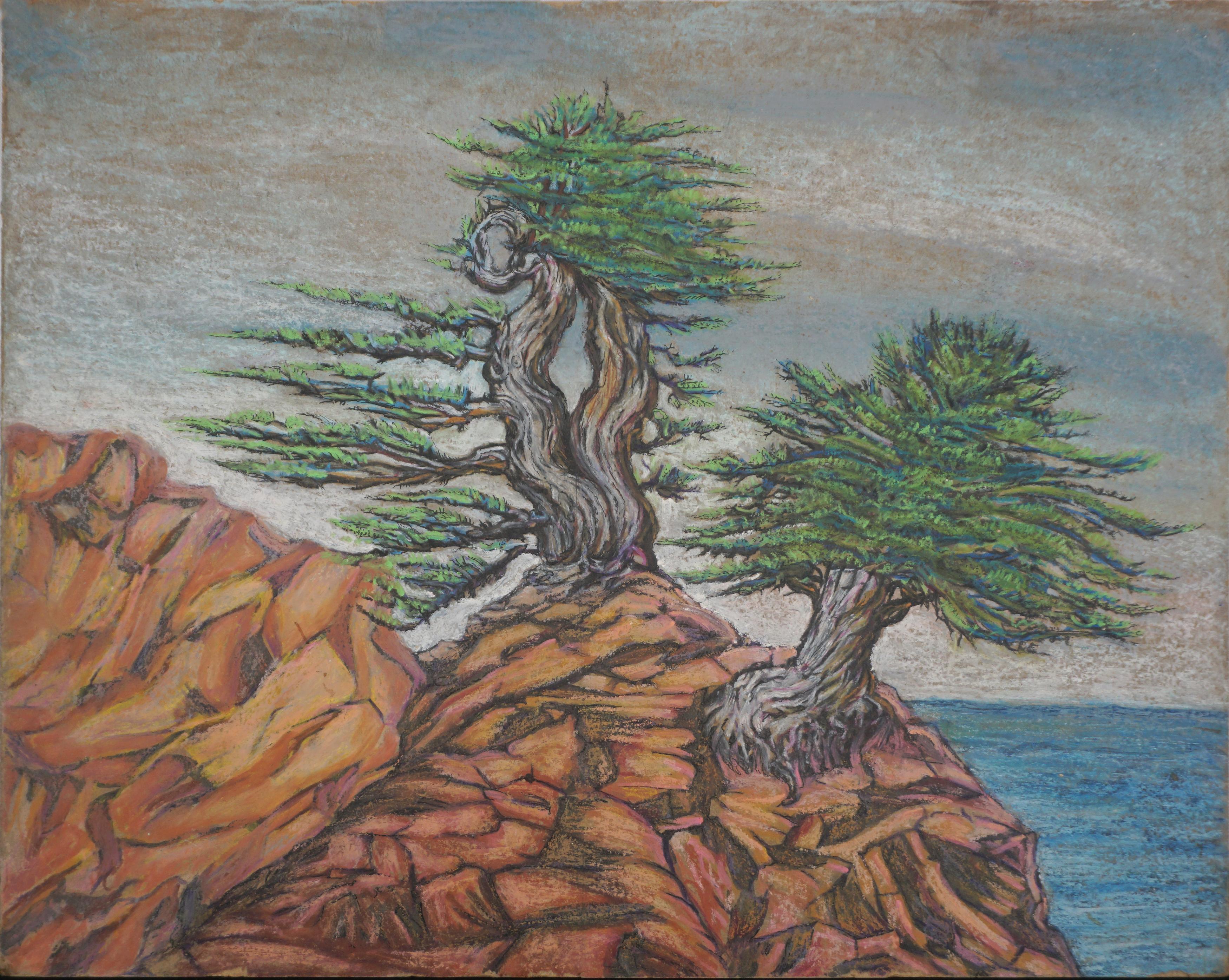 Milieu de siècle Carmel-by-the Sea Cypress on the Bluff Coastal Plein Air Landscape (Paysage côtier en plein air)