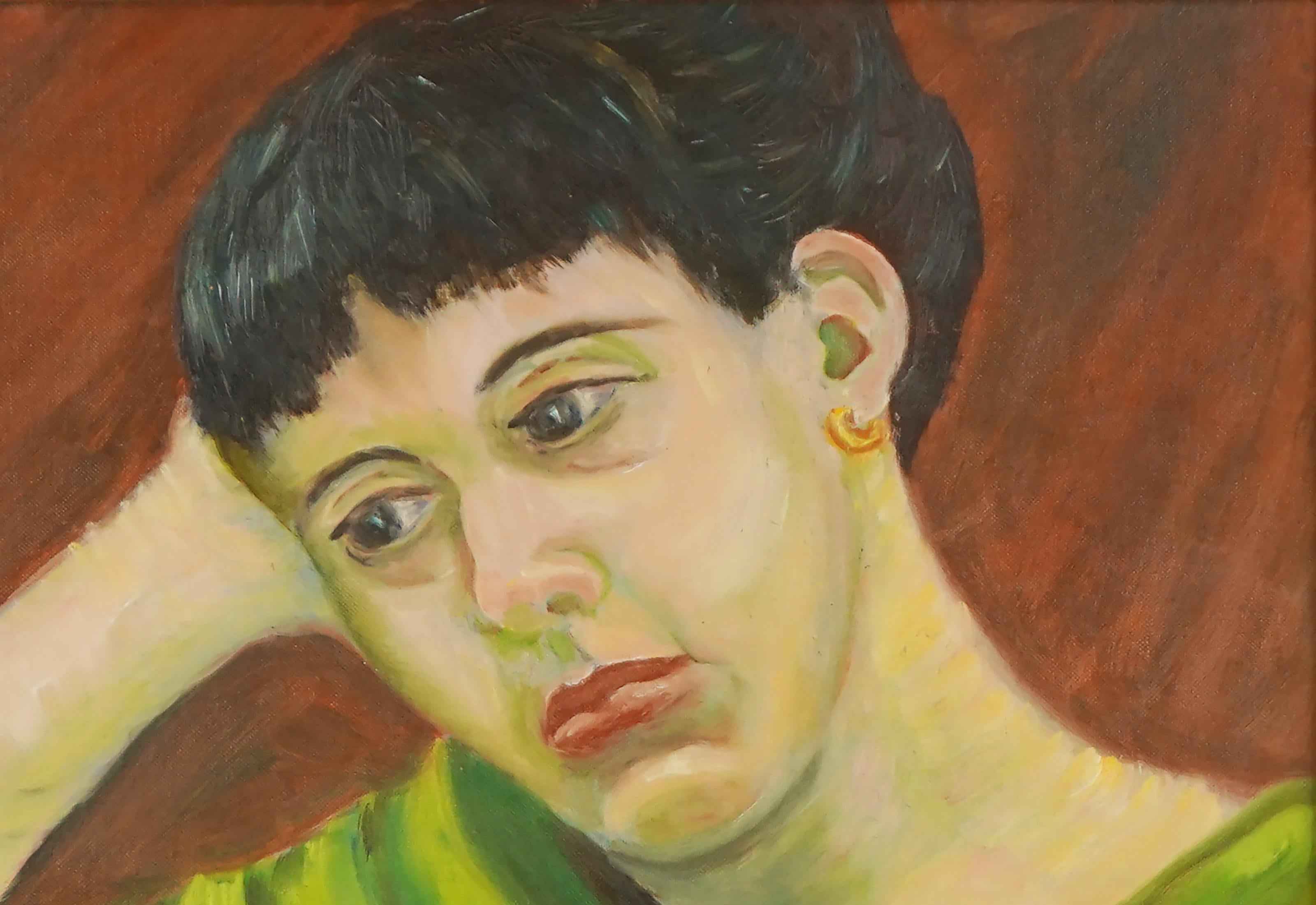 Ritratto di donna in abito verde, dipinto a olio originale della metà del secolo scorso - Painting di Genevieve Rogers