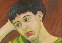 Mid Century Modern Portrait of Woman in Green Dress Original Oil Painting