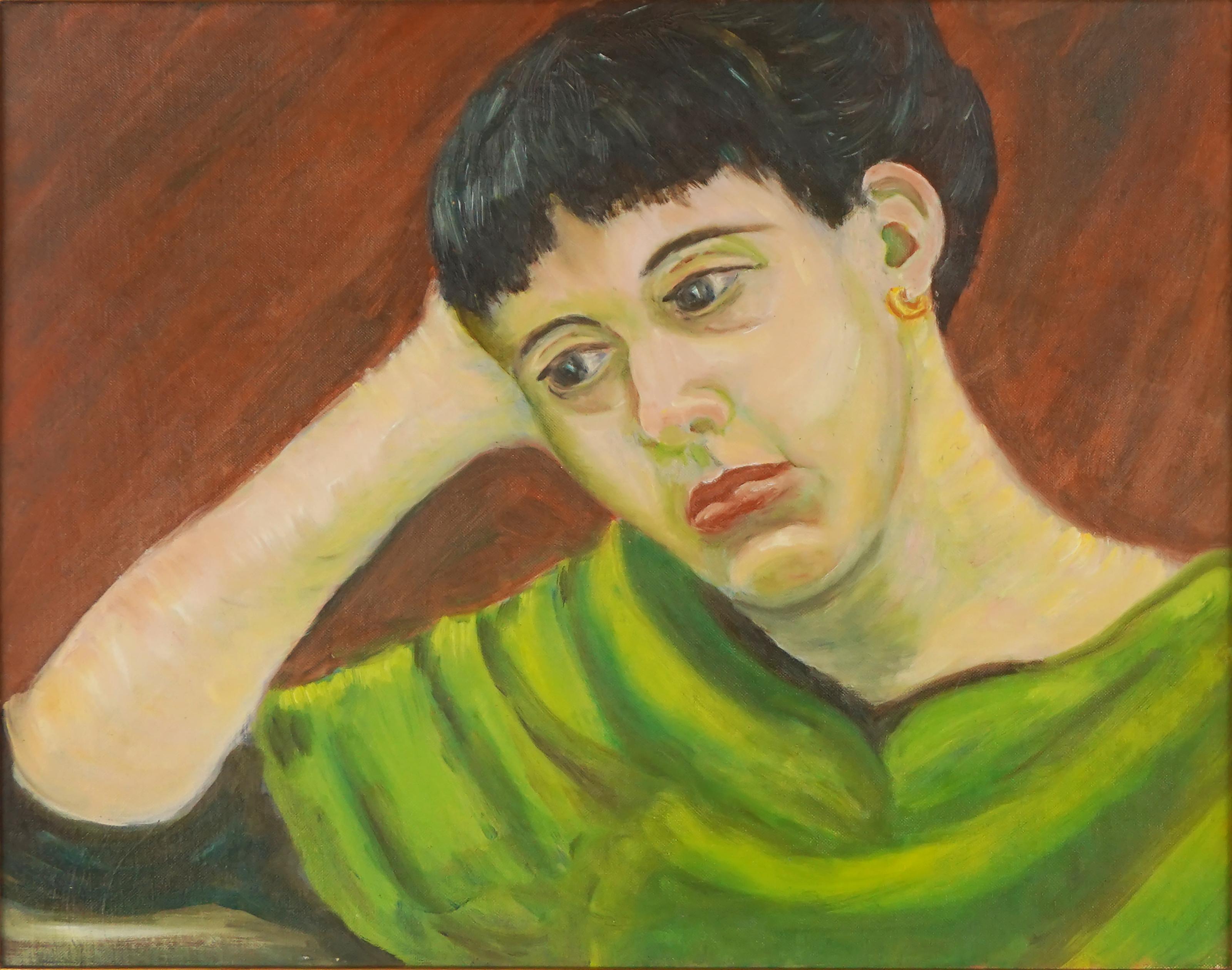 Mid Century Modern Portrait of Woman in Green Dress Original Oil Painting
Evocative mid century modern portrait of woman in green dress by California artist Genevieve Rogers (American, 1904 - 1984), circa 1960s. Pensive woman with pulled back dark