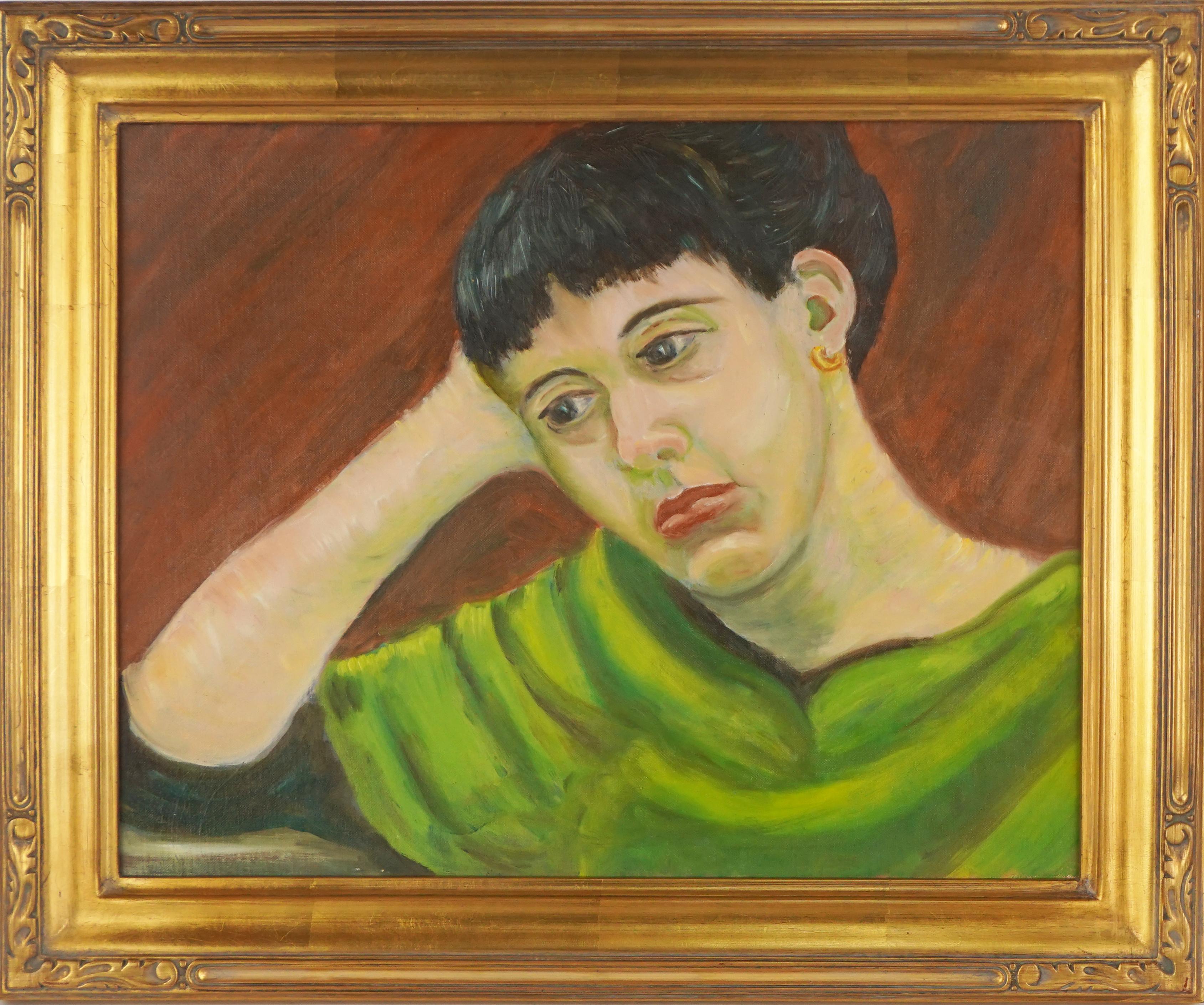 Modernes Porträt einer Frau in grünem Kleid, Original-Ölgemälde, Mitte des Jahrhunderts