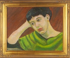 Retro Mid Century Modern Portrait of Woman in Green Dress Original Oil Painting