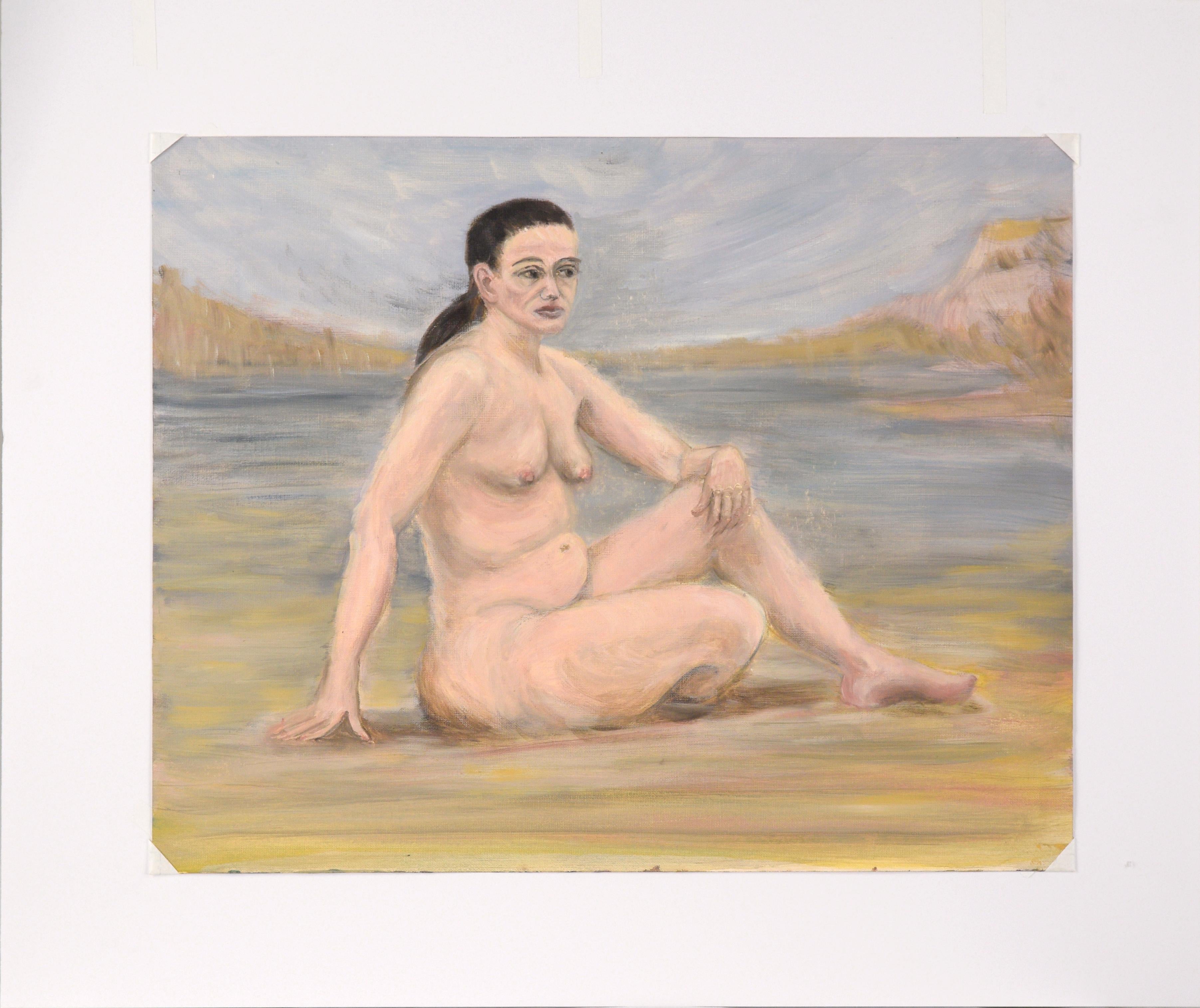 Woman at the Lake, Mid Century Bay Area Nude Figure Study  - Beige Figurative Painting by Genevieve Rogers