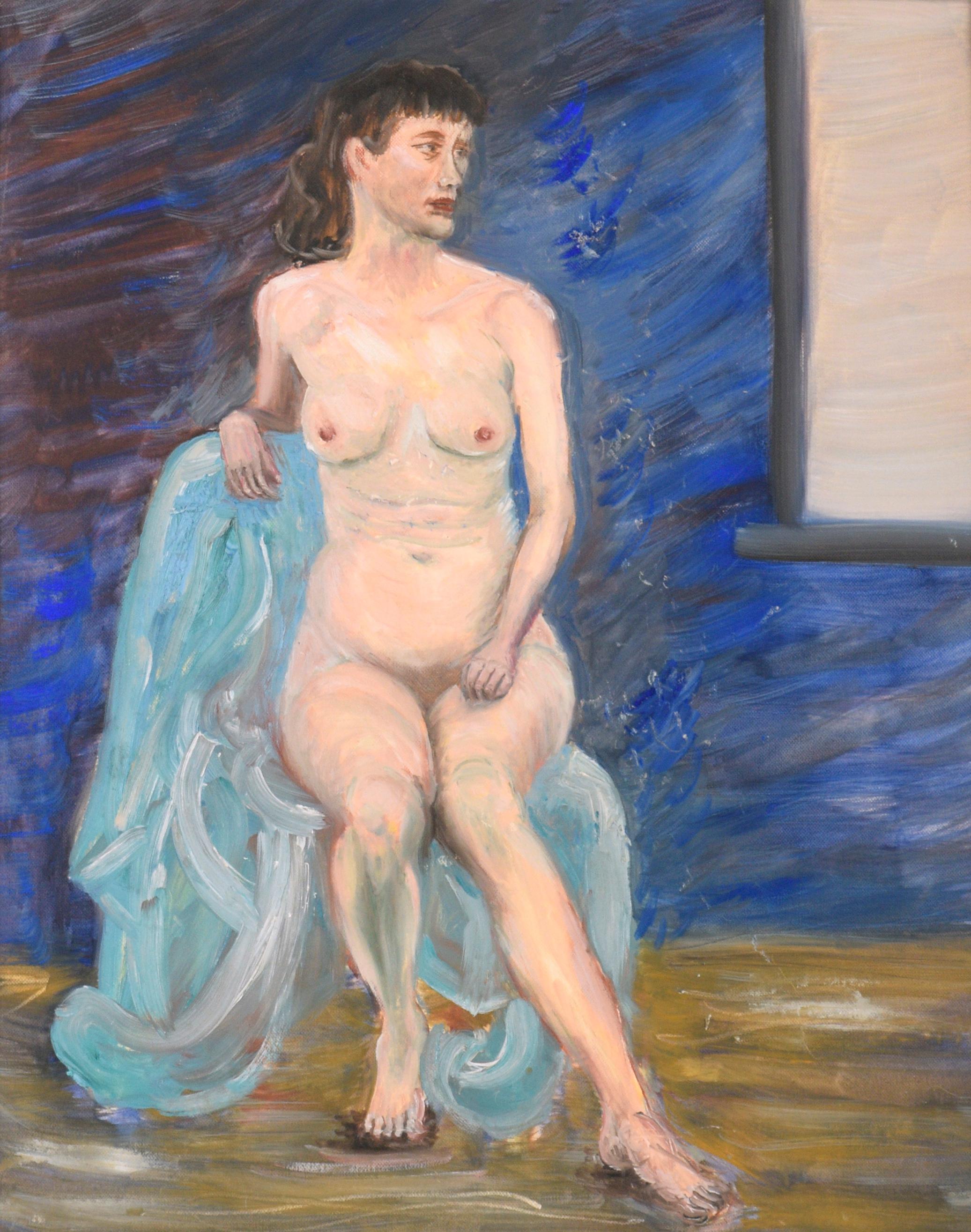Frau in einem blauen Stuhl, Nackte Figur, Gemälde aus der Mitte des Jahrhunderts  – Painting von Genevieve Rogers