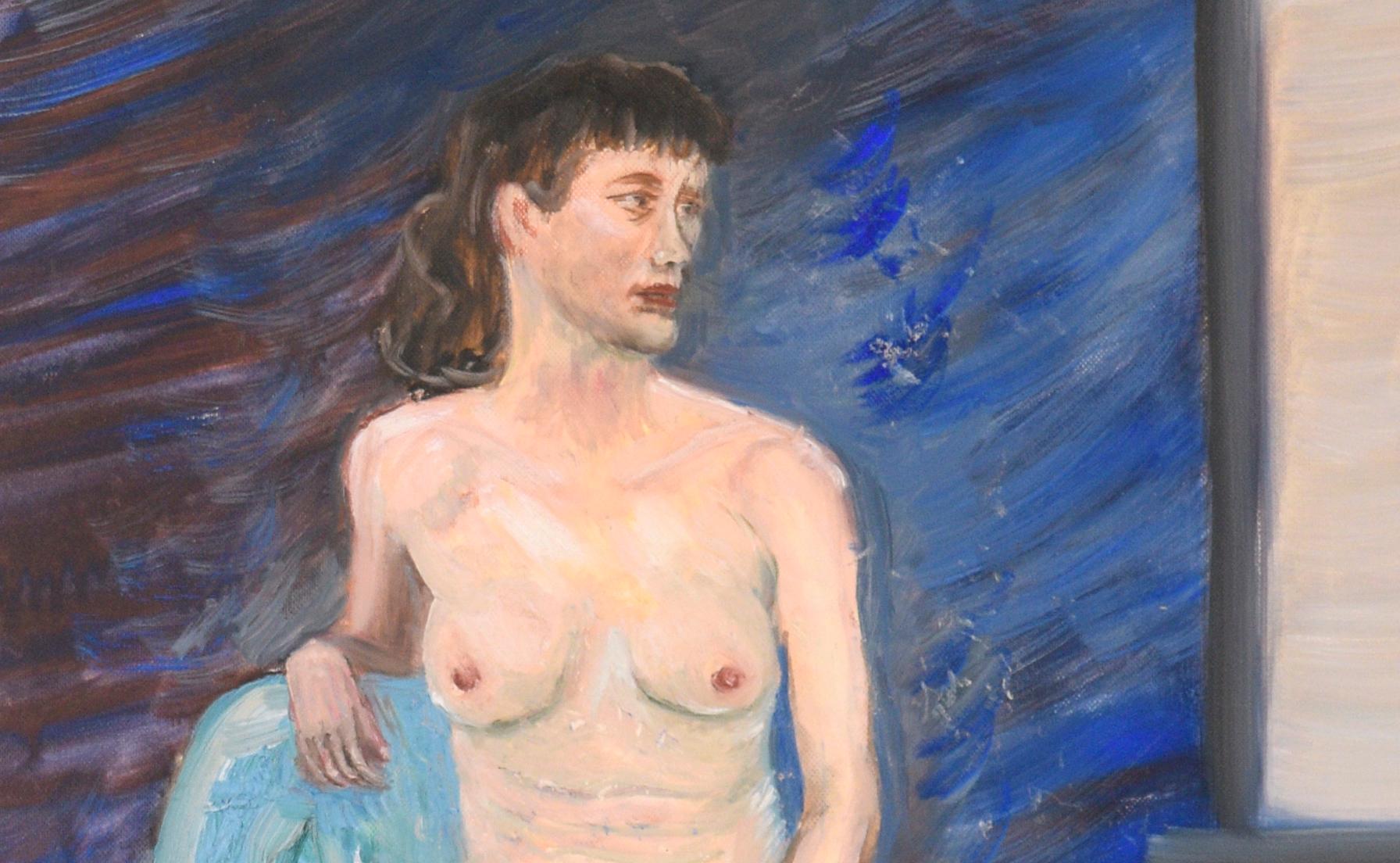 Frau in einem blauen Stuhl, Nackte Figur, Gemälde aus der Mitte des Jahrhunderts  (Amerikanischer Impressionismus), Painting, von Genevieve Rogers