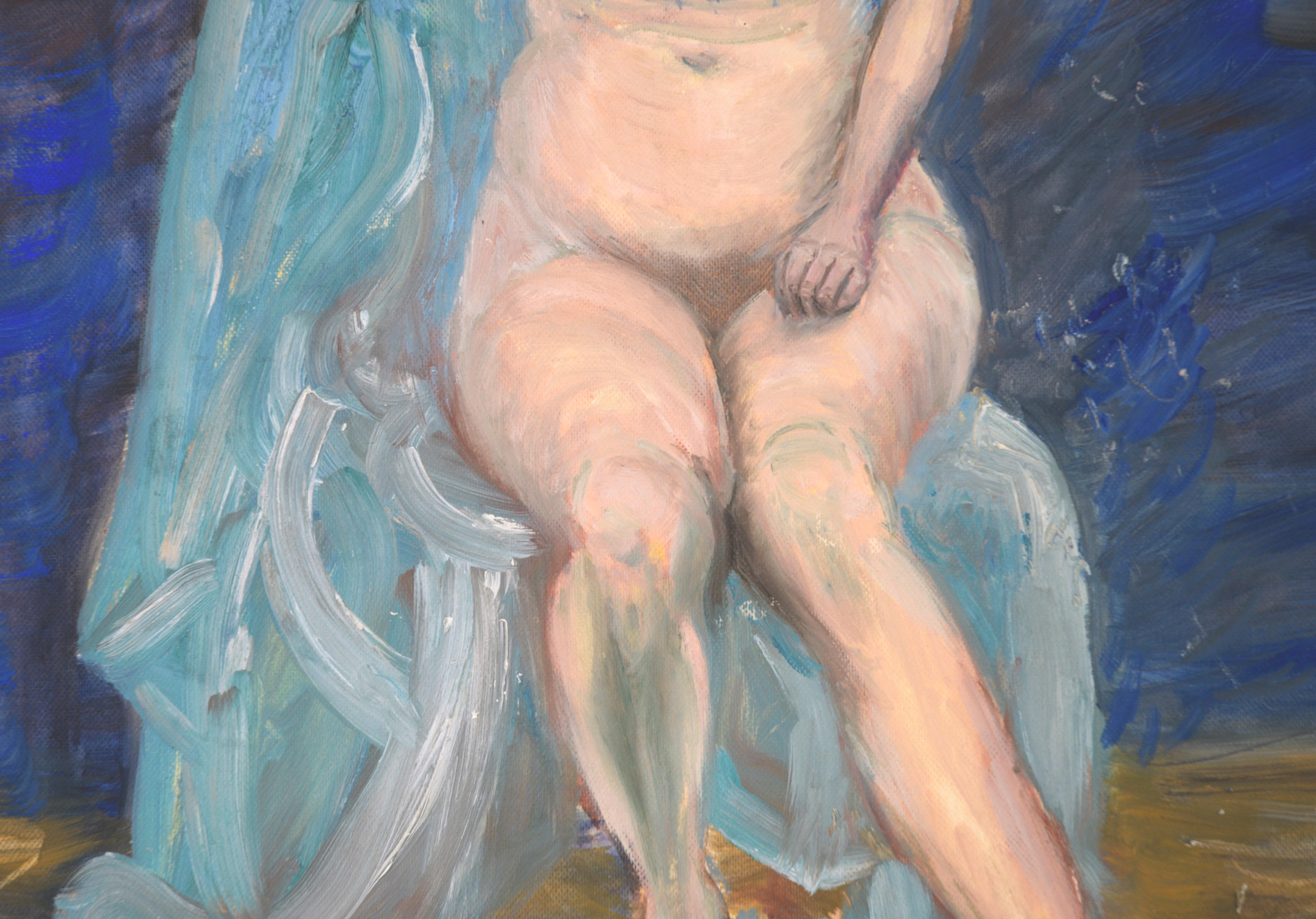 Woman in a Blue Chair, Mid Century Nude Figure Painting  - Beige Nude Painting by Genevieve Rogers