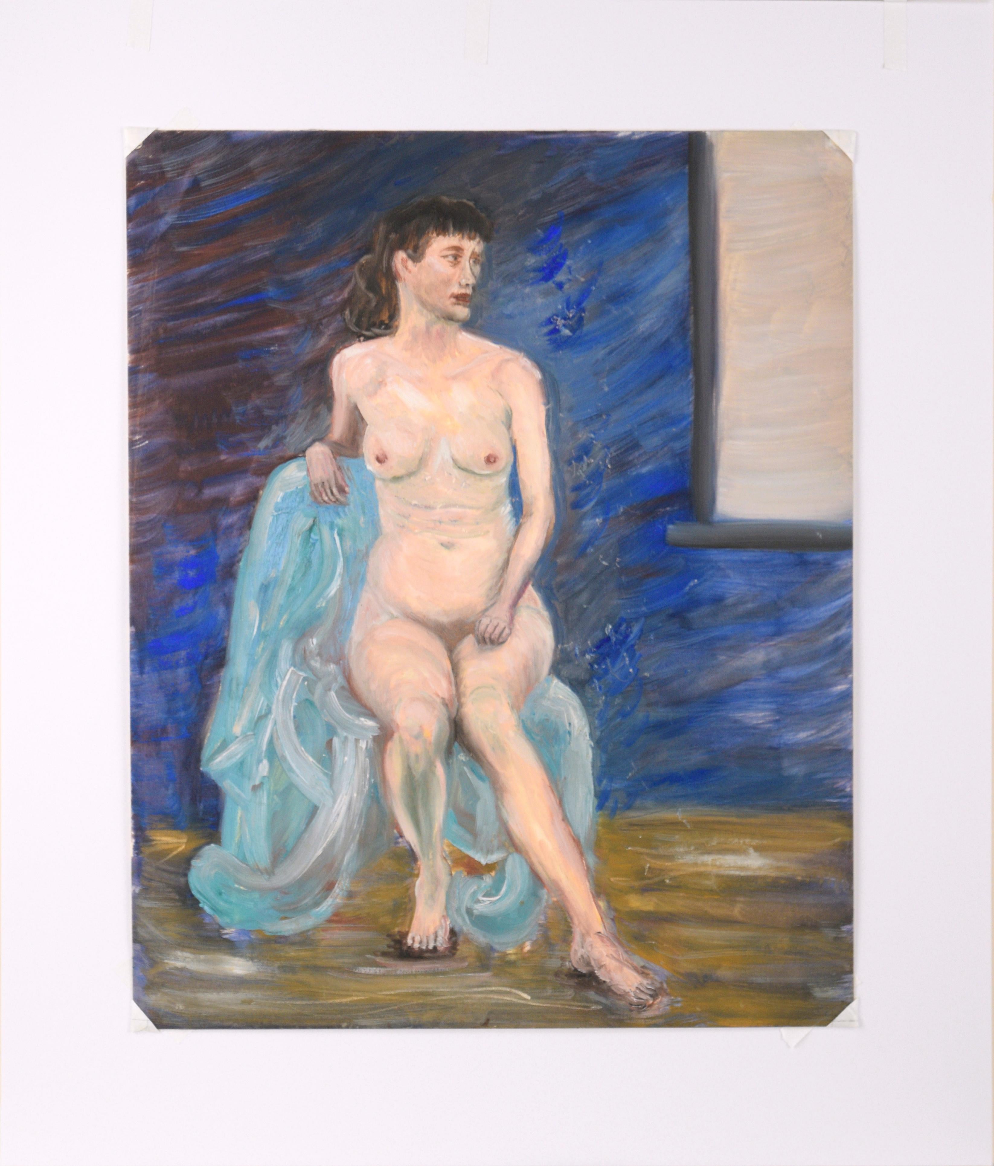 Frau in einem blauen Stuhl, Nackte Figur, Gemälde aus der Mitte des Jahrhunderts  im Angebot 2