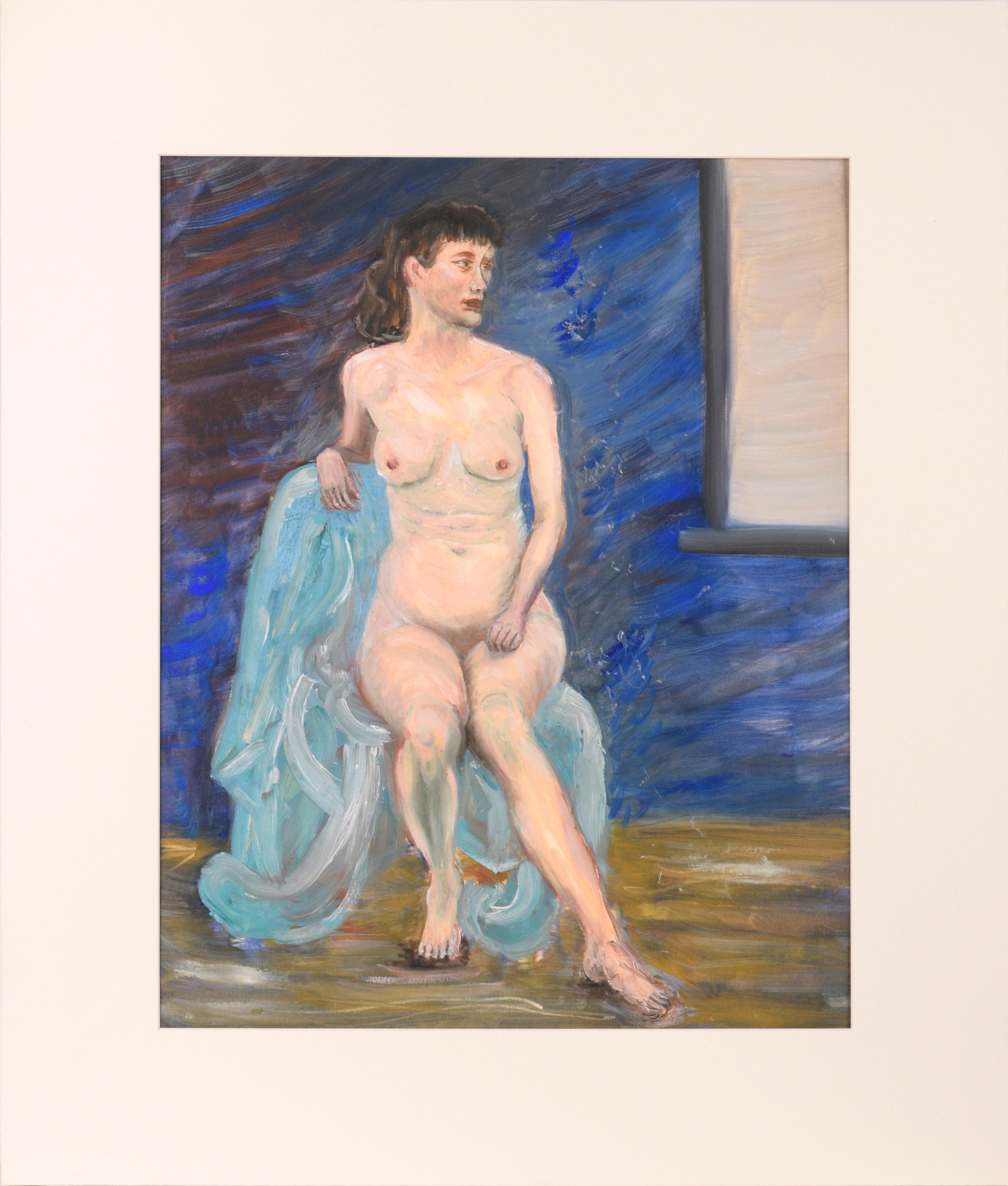 Genevieve Rogers Nude Painting – Frau in einem blauen Stuhl, Nackte Figur, Gemälde aus der Mitte des Jahrhunderts 