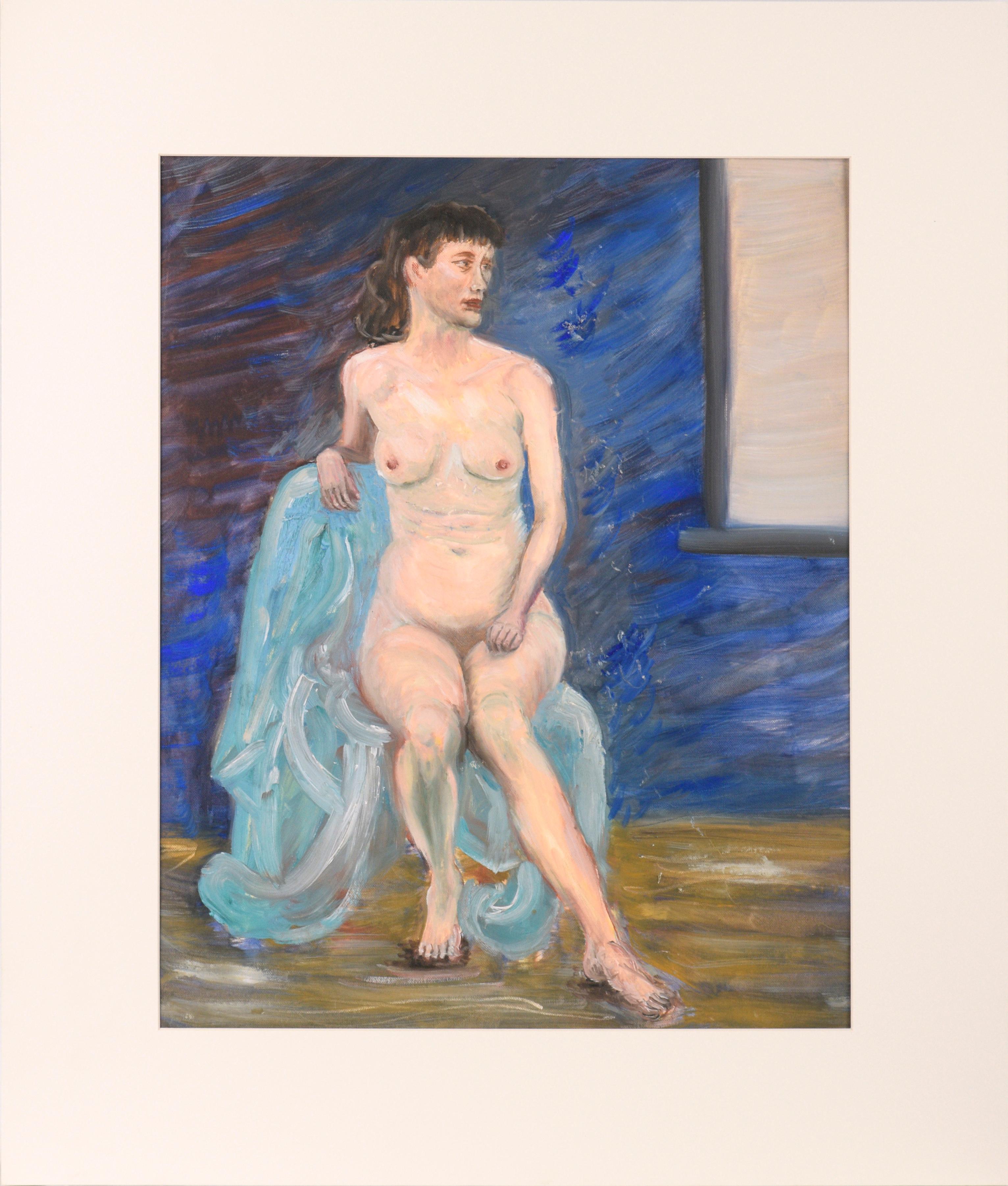 Mujer en una Silla Azul, Pintura de Figura Desnuda de Mediados de Siglo