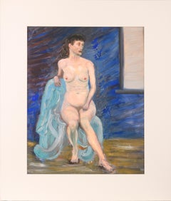 Woman in a Blue Chair, Mid Century Nude Figure Painting 