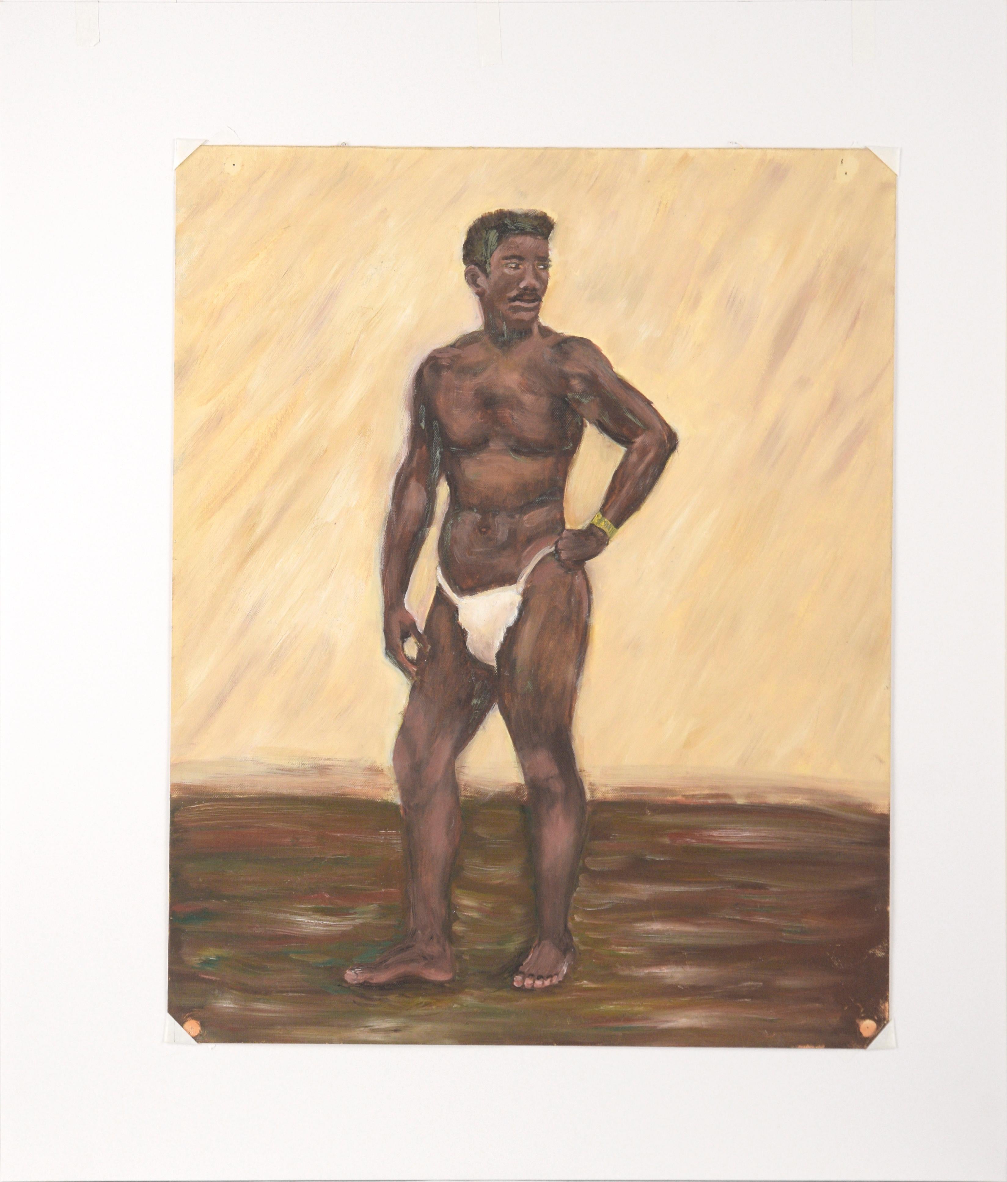 Mid Century Portrait of an African American Man - Orange Nude Painting by Genevieve Rogers
