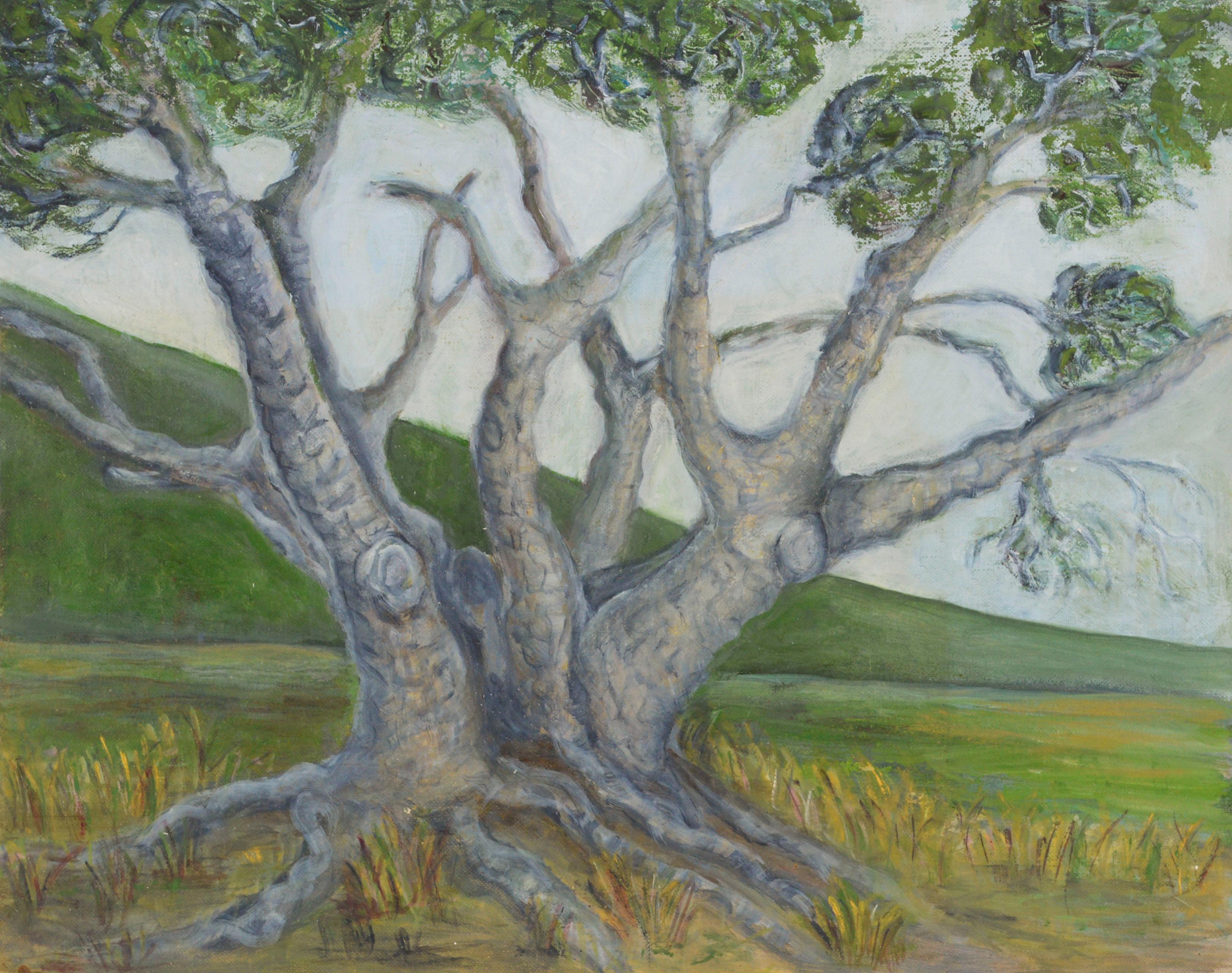 Landscape Painting de Genevieve Rogers - Paisaje californiano de mediados de siglo con árbol