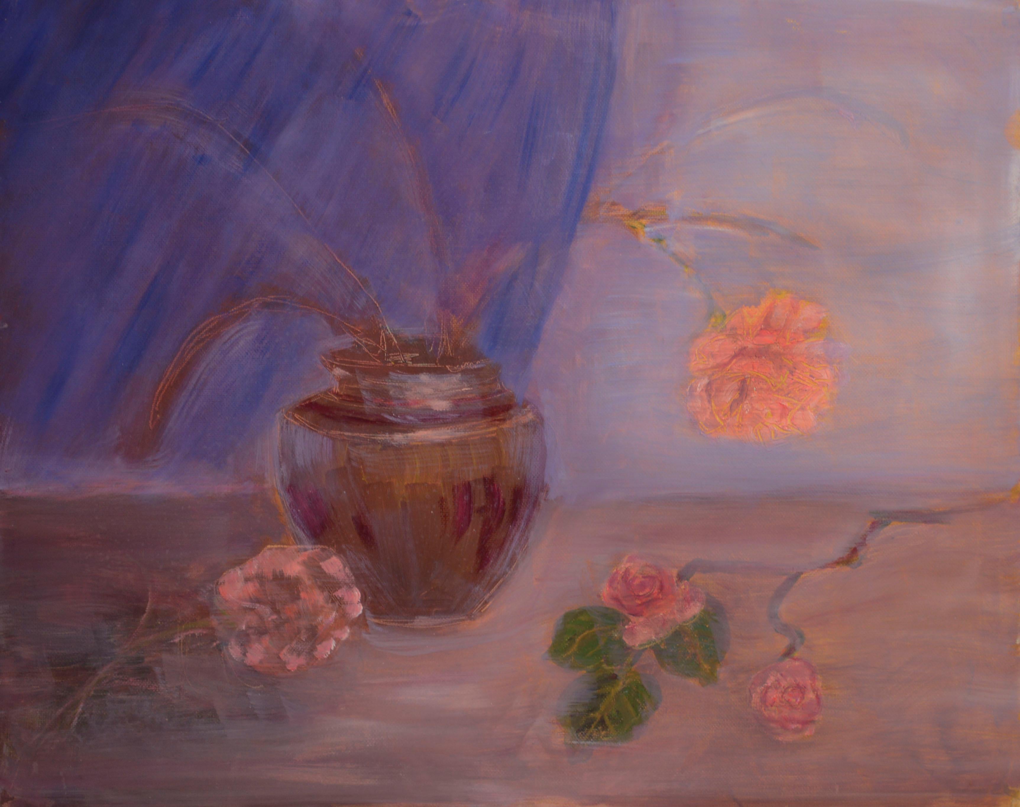 Still-Life Painting de Genevieve Rogers - Bodegón con jarrón de rosas, Impresionista americano