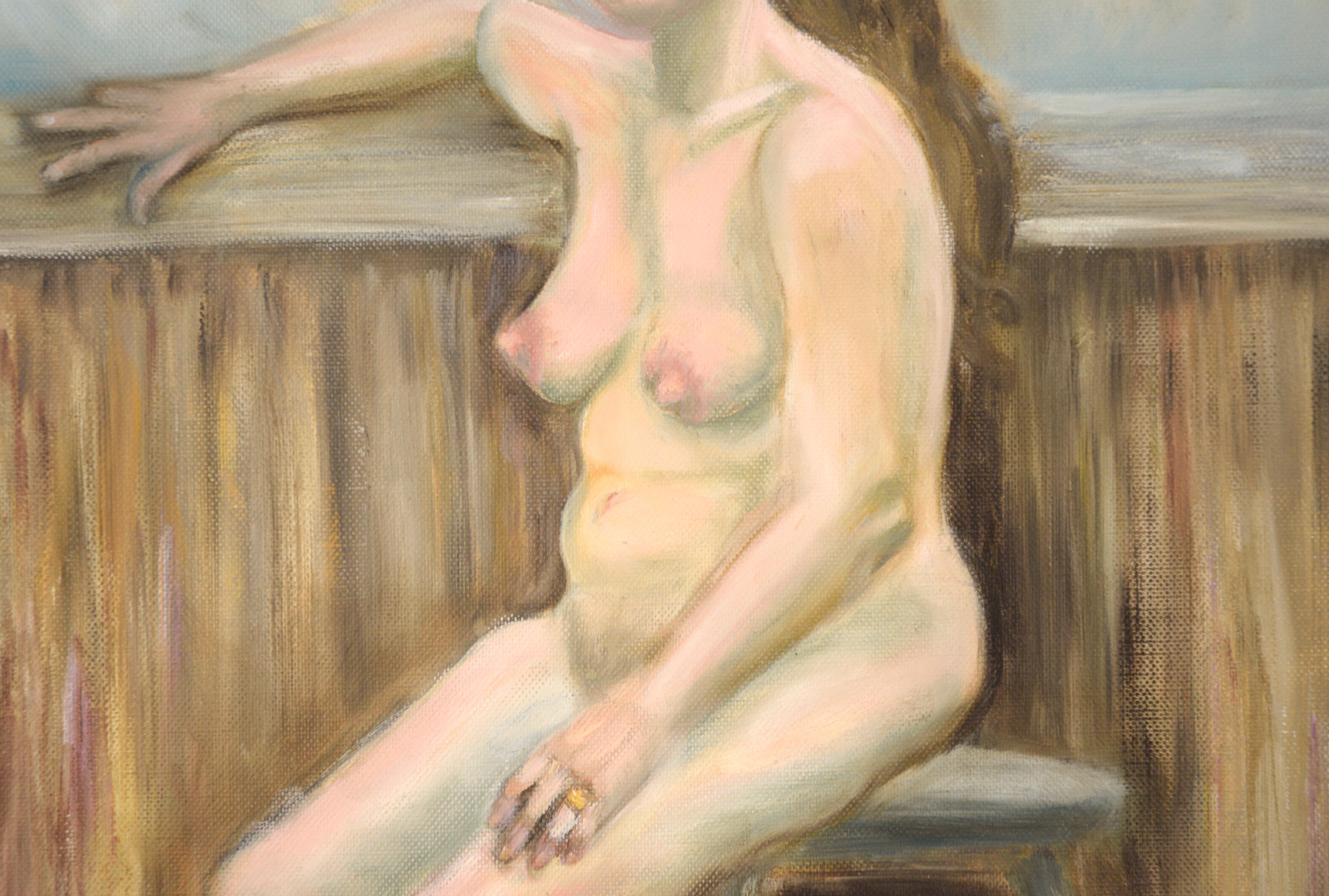 Femme nue assise - Beige Nude Painting par Genevieve Rogers