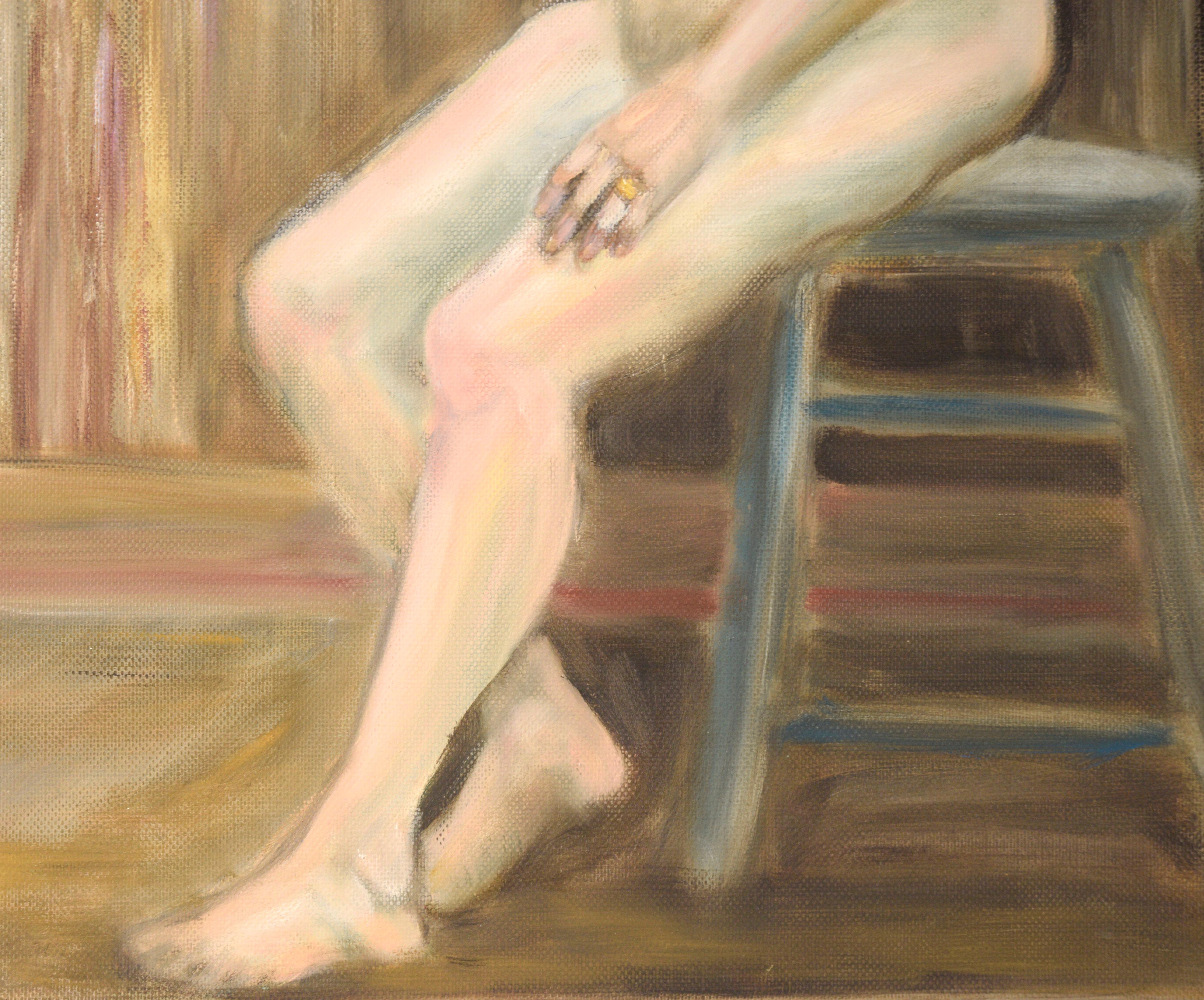 Étude d'une femme nue sur un tabouret par l'artiste impressionniste américaine Genevieve Rogers. Non signé, mais acquis avec une collection de ses œuvres. Présenté dans un tapis crème avec un support en mousse. Taille du papier : 20 
