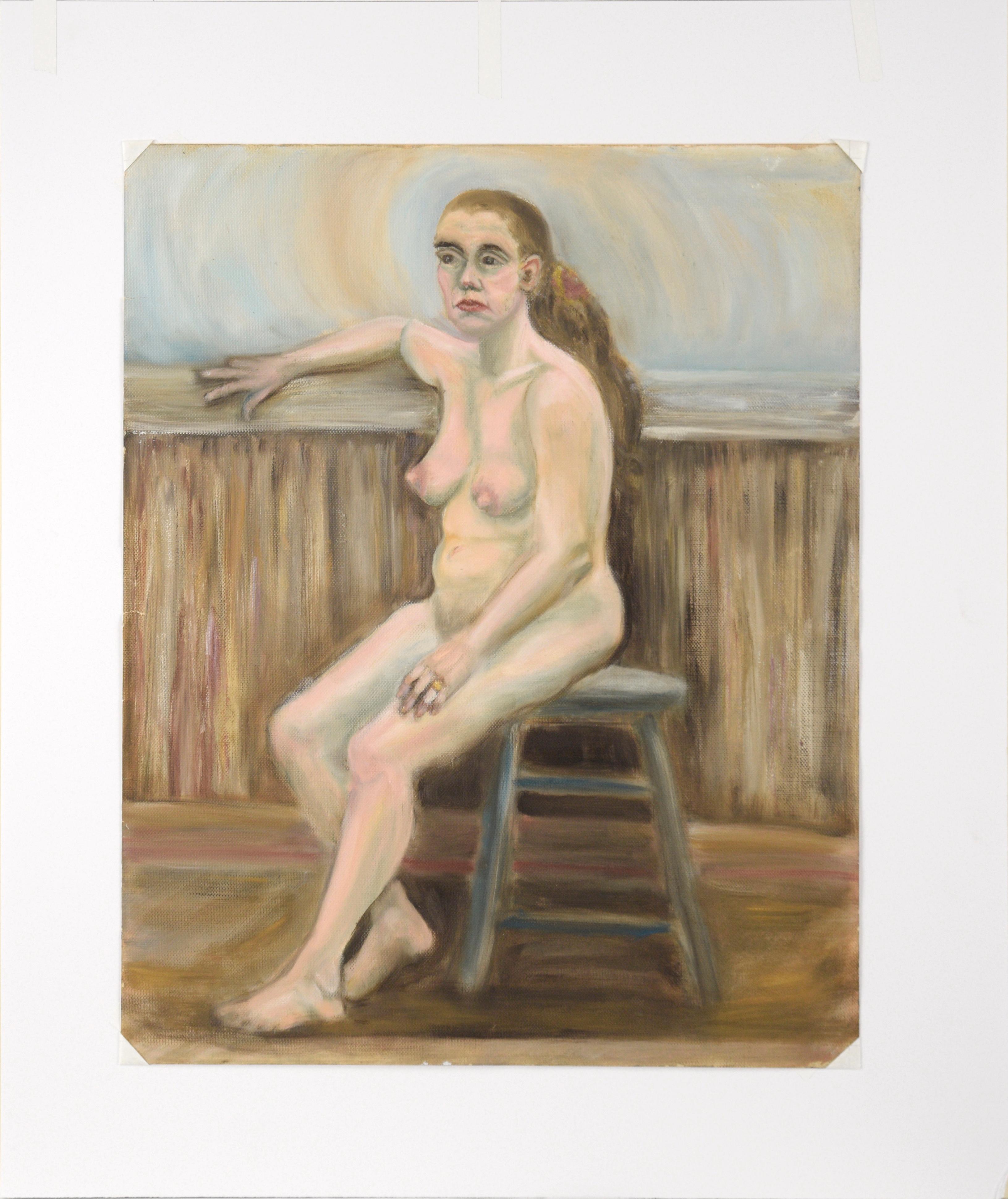 Seated Nude Woman - Beige Nude Painting by Genevieve Rogers