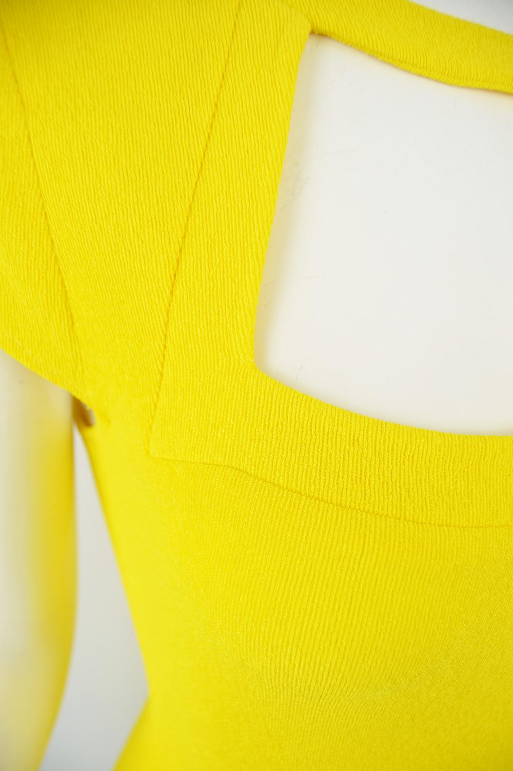 Genevieve Tarka Paris 1980s Yellow Bodycon Knit Jersey Cut Out Party Dress In Excellent Condition In Doncaster, South Yorkshire