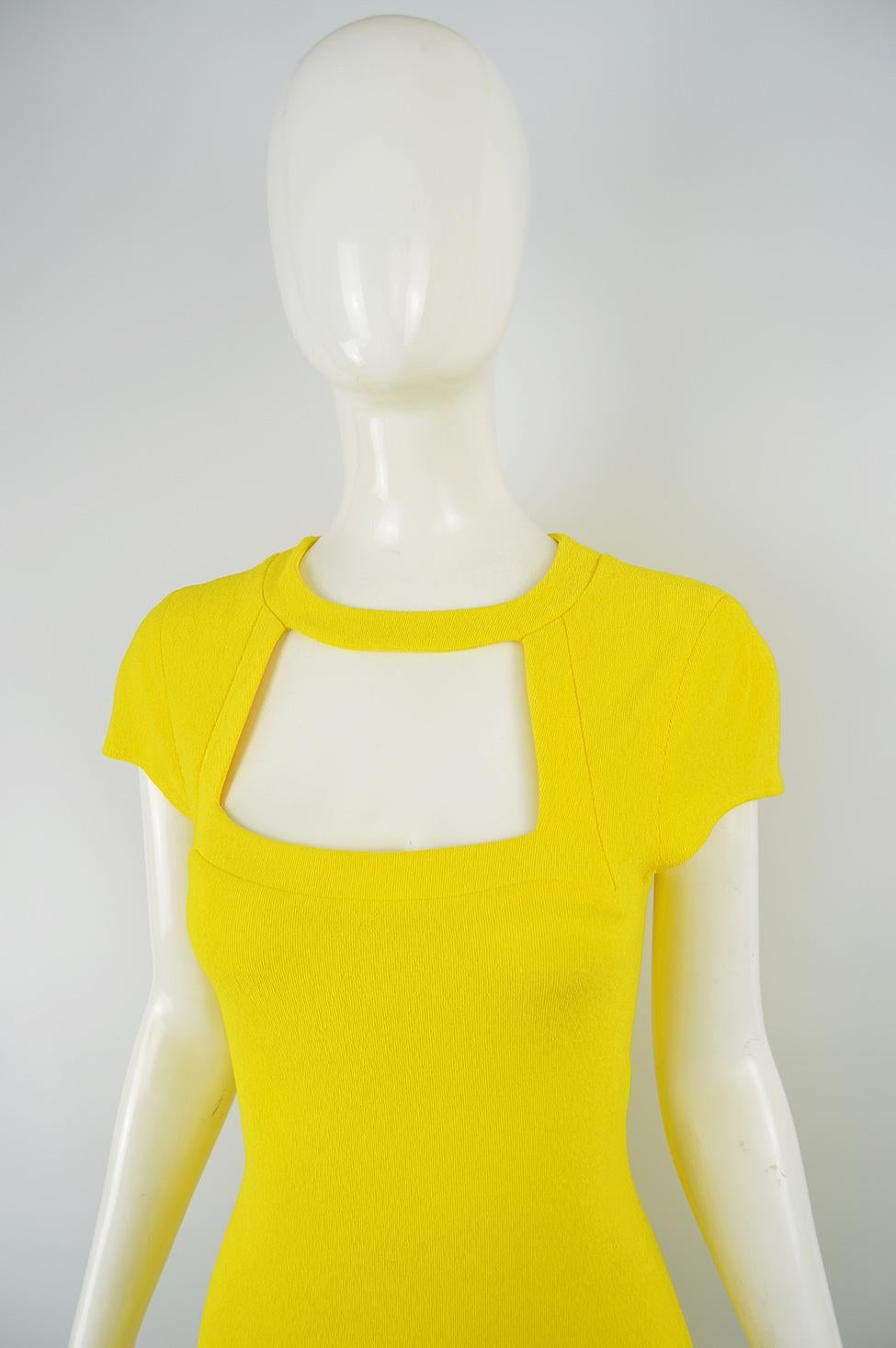 Women's Genevieve Tarka Paris 1980s Yellow Bodycon Knit Jersey Cut Out Party Dress