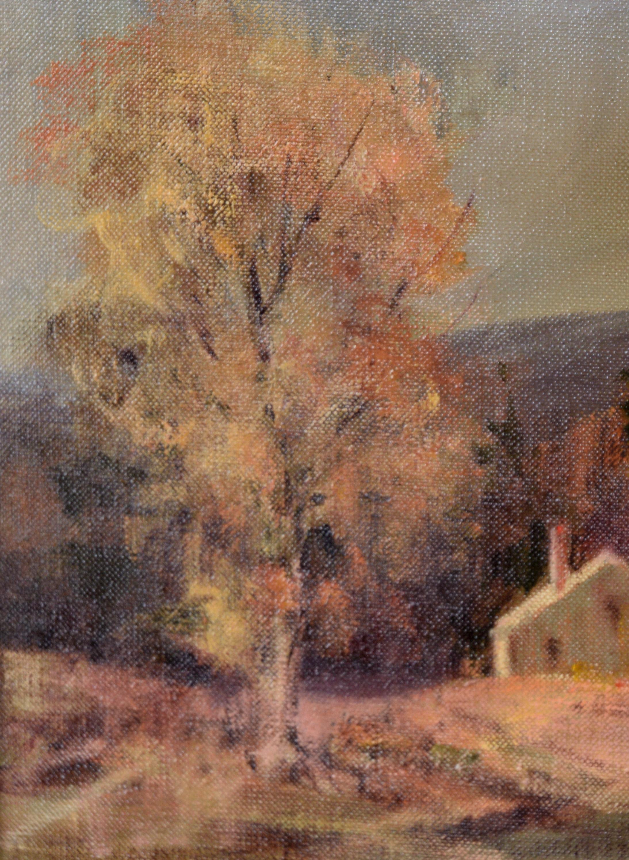 Hora dorada en la cabaña - Pintura al óleo original de paisaje, lienzo sobre masonita - Painting de Genevieve Wilhelm