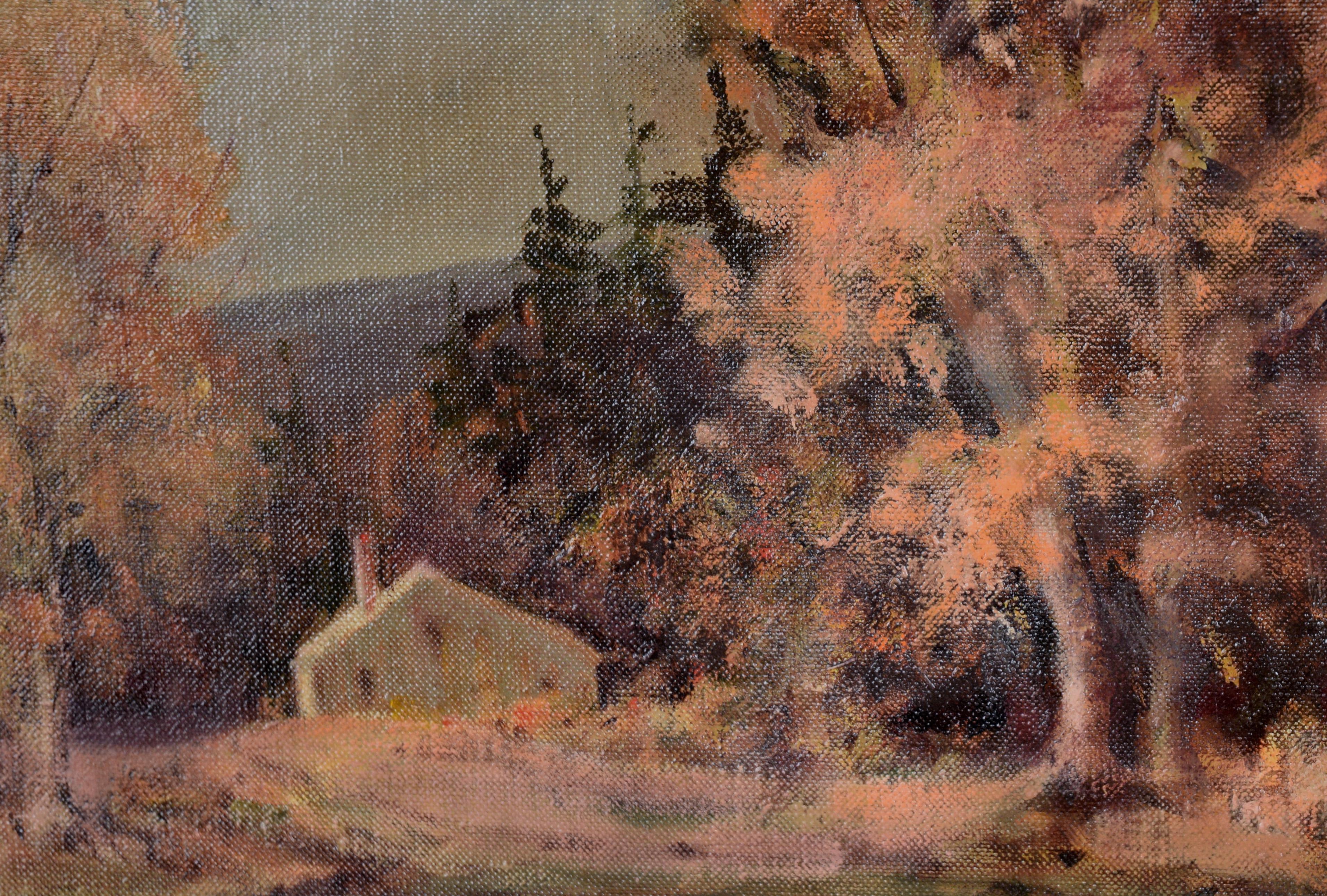 Hora dorada en la cabaña - Pintura al óleo original de paisaje, lienzo sobre masonita - Painting Impresionista de Genevieve Wilhelm