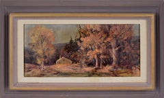 Hora dorada en la cabaña - Pintura al óleo original de paisaje, lienzo sobre masonita