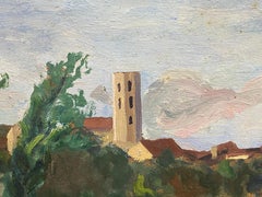 Pittura a olio d'epoca francese Vista sulla città vecchia