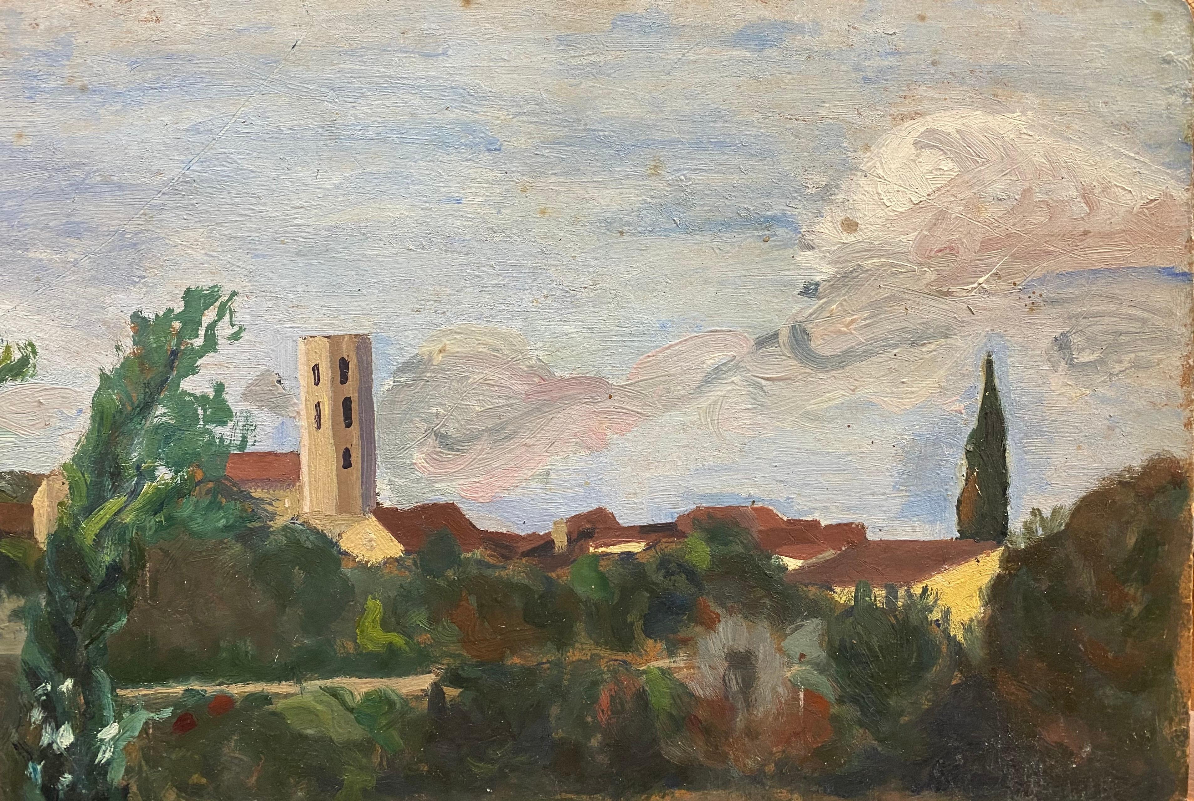 GENEVIEVE ZONDERVAN (1922-2013) Landscape Painting - French Vintage Oil Painting View over old town