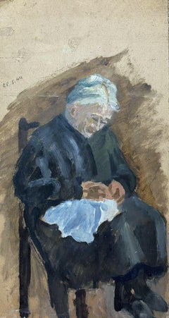 GENEVIEVE ZONDERVAN (1922-2013) 1940's FRENCH OIL PAINTING - ELDERLY LADY SEWING