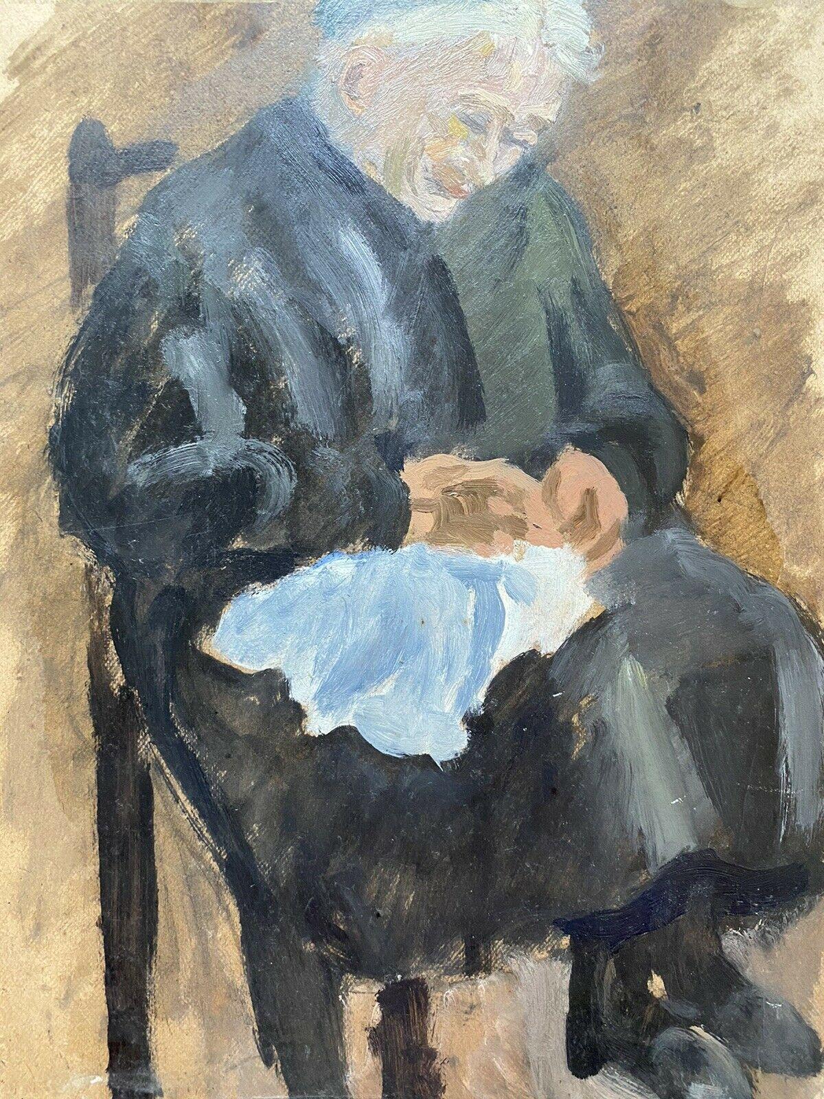 GENEVIEVE ZONDERVAN (1922-2013) Pittura ad olio francese del 1940 - SIGNORA ANZIANA CHE CUCE in vendita 3