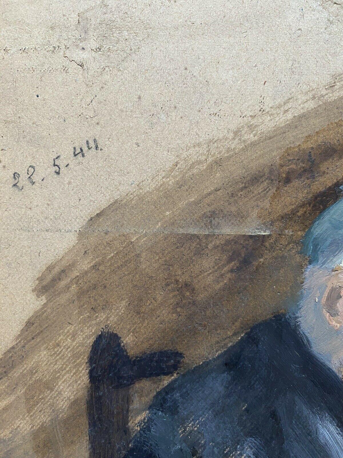 GENEVIEVE ZONDERVAN (1922-2013) Pittura ad olio francese del 1940 - SIGNORA ANZIANA CHE CUCE in vendita 4