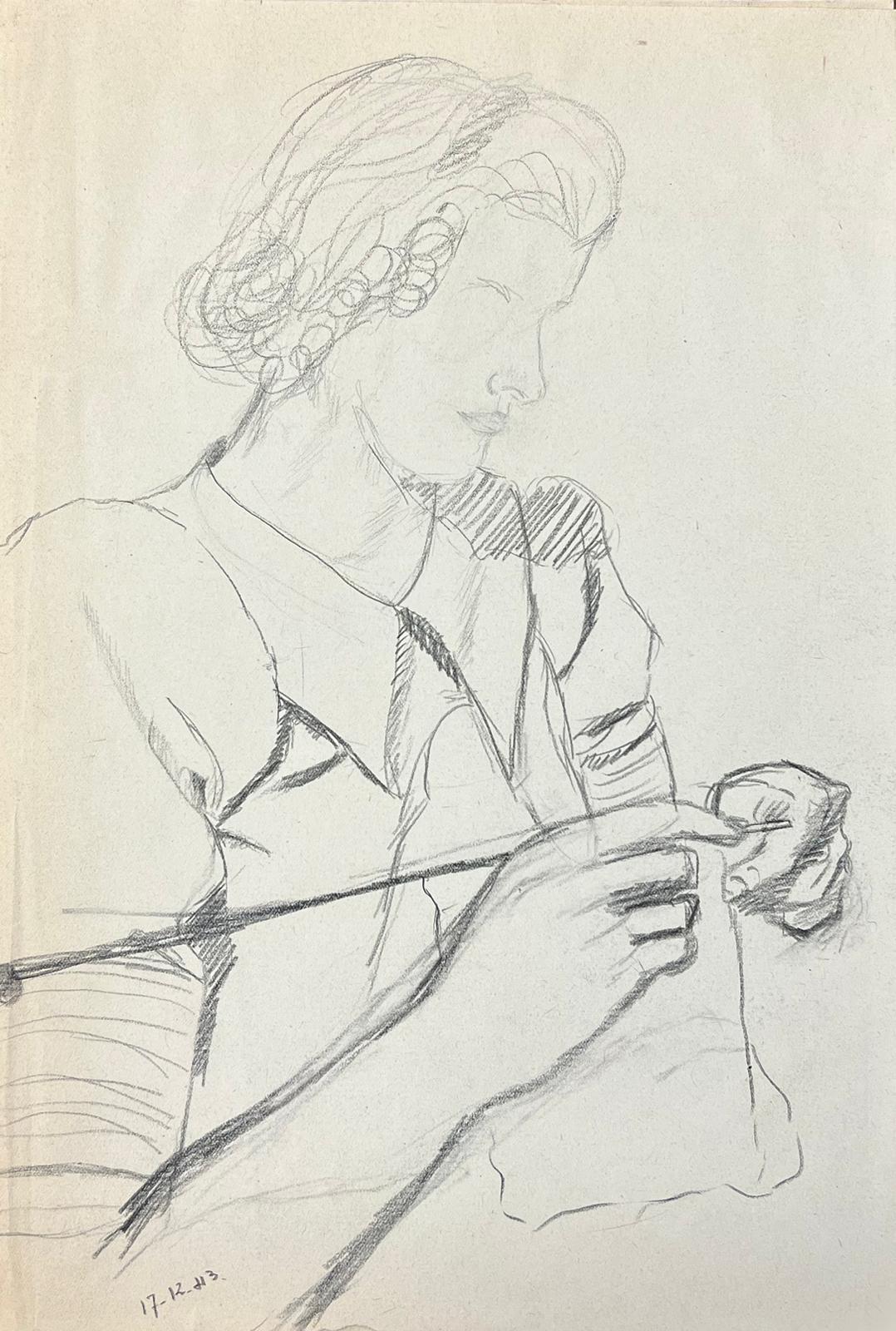 Lady Knitting
by Geneviève Zondervan (French 1922-2013)
pencil drawing on paper

paper: 12.5 x 9 inches

Superb mid-century oil painting on board by the French artist, Geneviève Zondervan (French 1922-2013). The painting has excellent provenance,