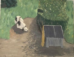GENEVIEVE ZONDERVAN (1922-2013) FRENCH OIL PAINTING -DOG IN GARDEN BY KENNEL