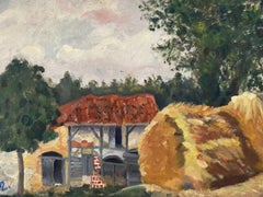 GENEVIEVE ZONDERVAN (1922-2013) FRENCH OIL PAINTING - HARVEST FIELDS FARM BARNS