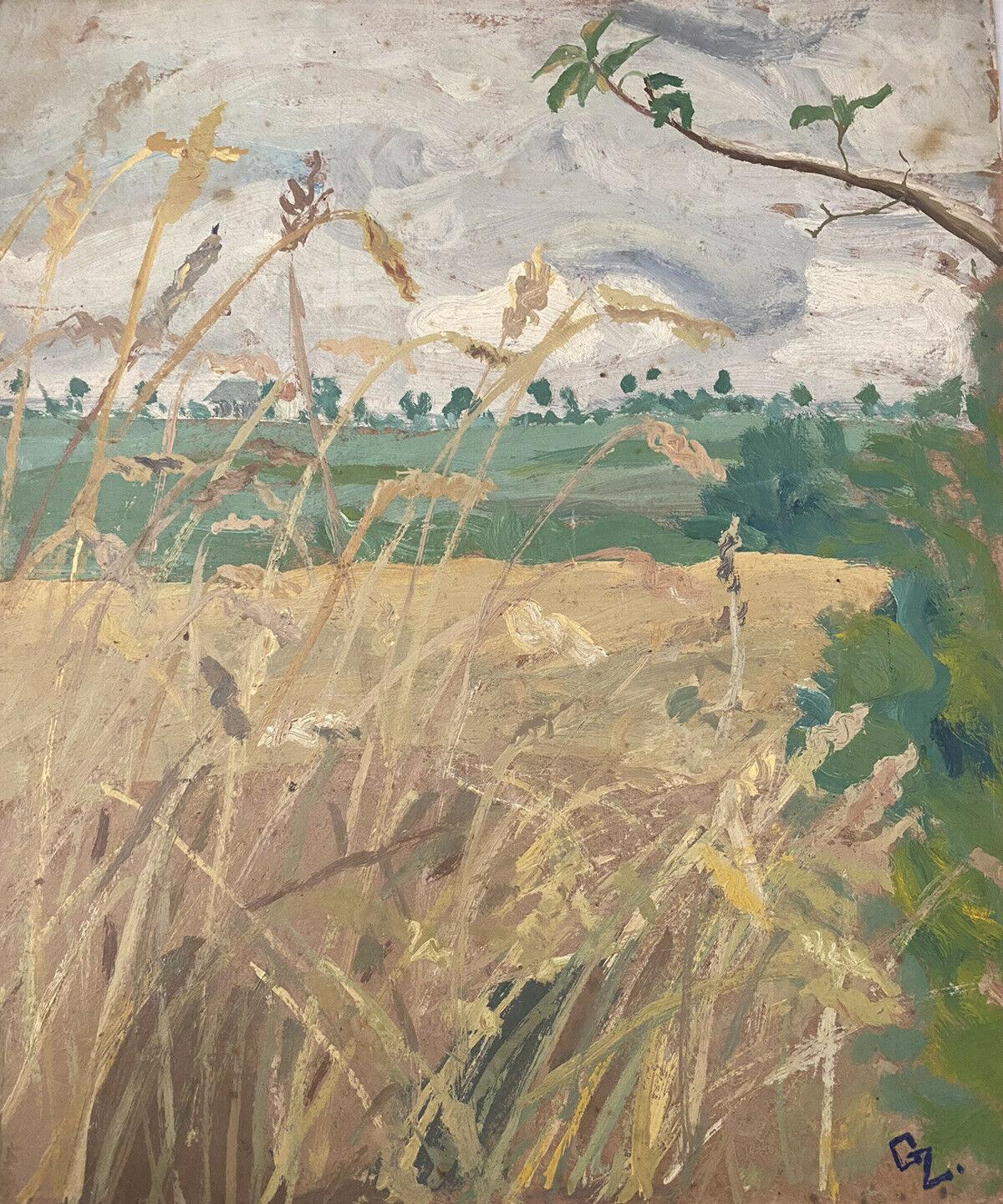 "Harvest Fields"
by Geneviève Zondervan (French 1922-2013)
oil painting on board, stamped verso

board: 13 x 11 inches

Lovely 20th century oil painting on board by the French artist, Geneviève Zondervan (French 1922-2013). The painting has