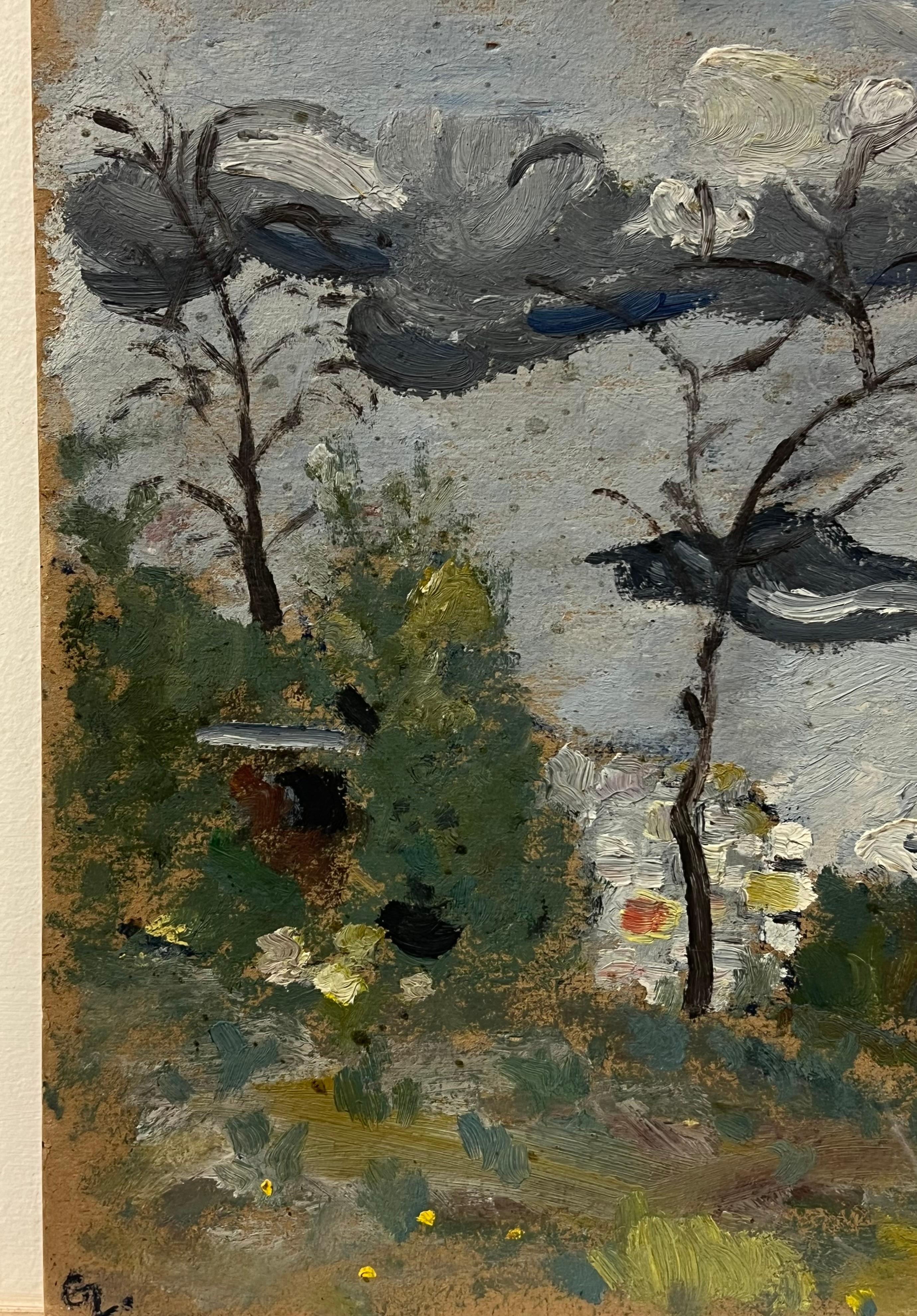 Mid 20th Century French Oil Painting Moody Landscape with Trees & Overcast Sky - Gray Landscape Painting by GENEVIEVE ZONDERVAN (1922-2013)