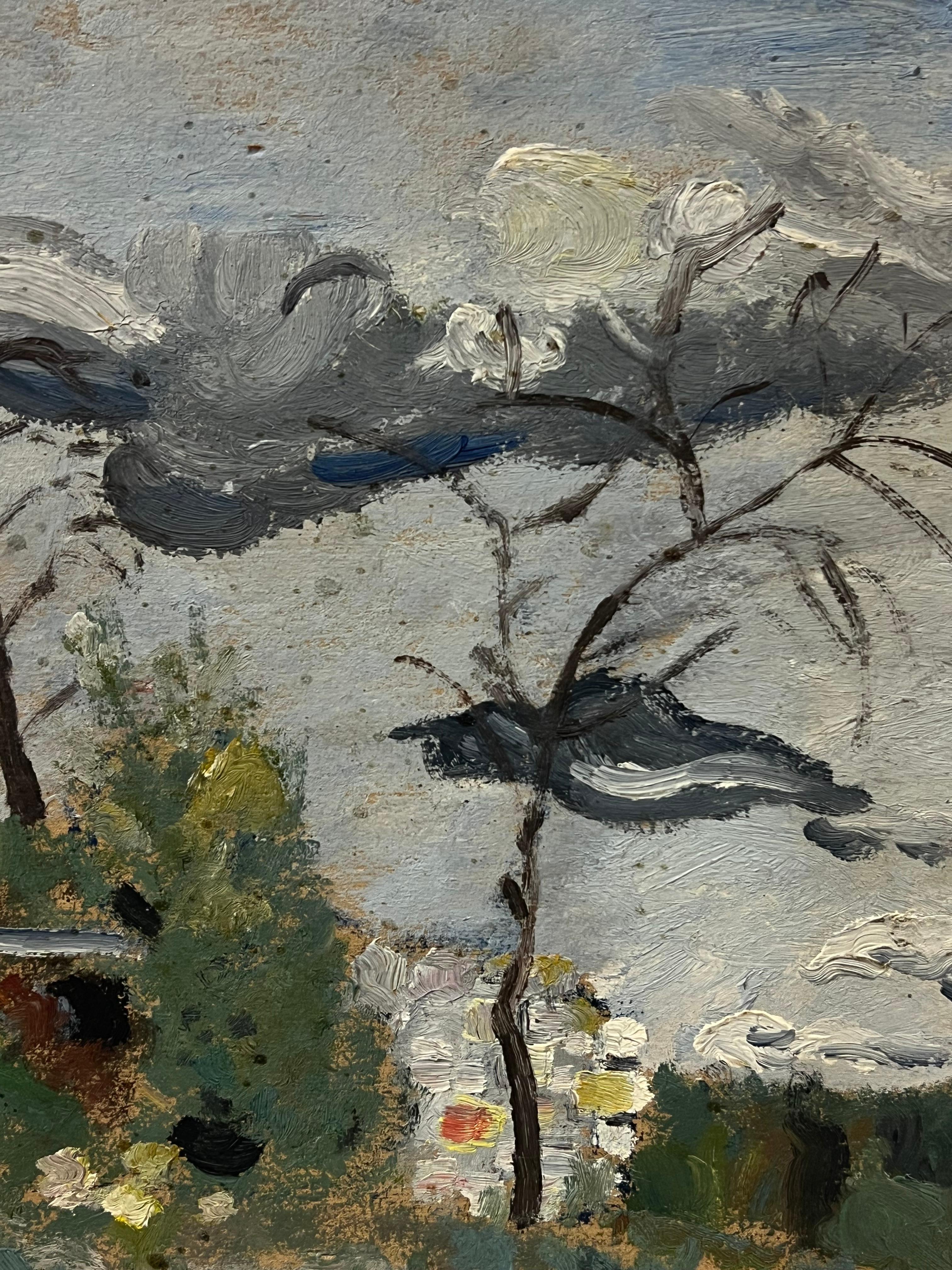 Impressionistic Landscape 
by Geneviève Zondervan (French 1922-2013)
oil painting on board

board: 13 x 9.5 inches

Superb mid-century oil painting on board by the French artist, Geneviève Zondervan (French 1922-2013). The painting has excellent