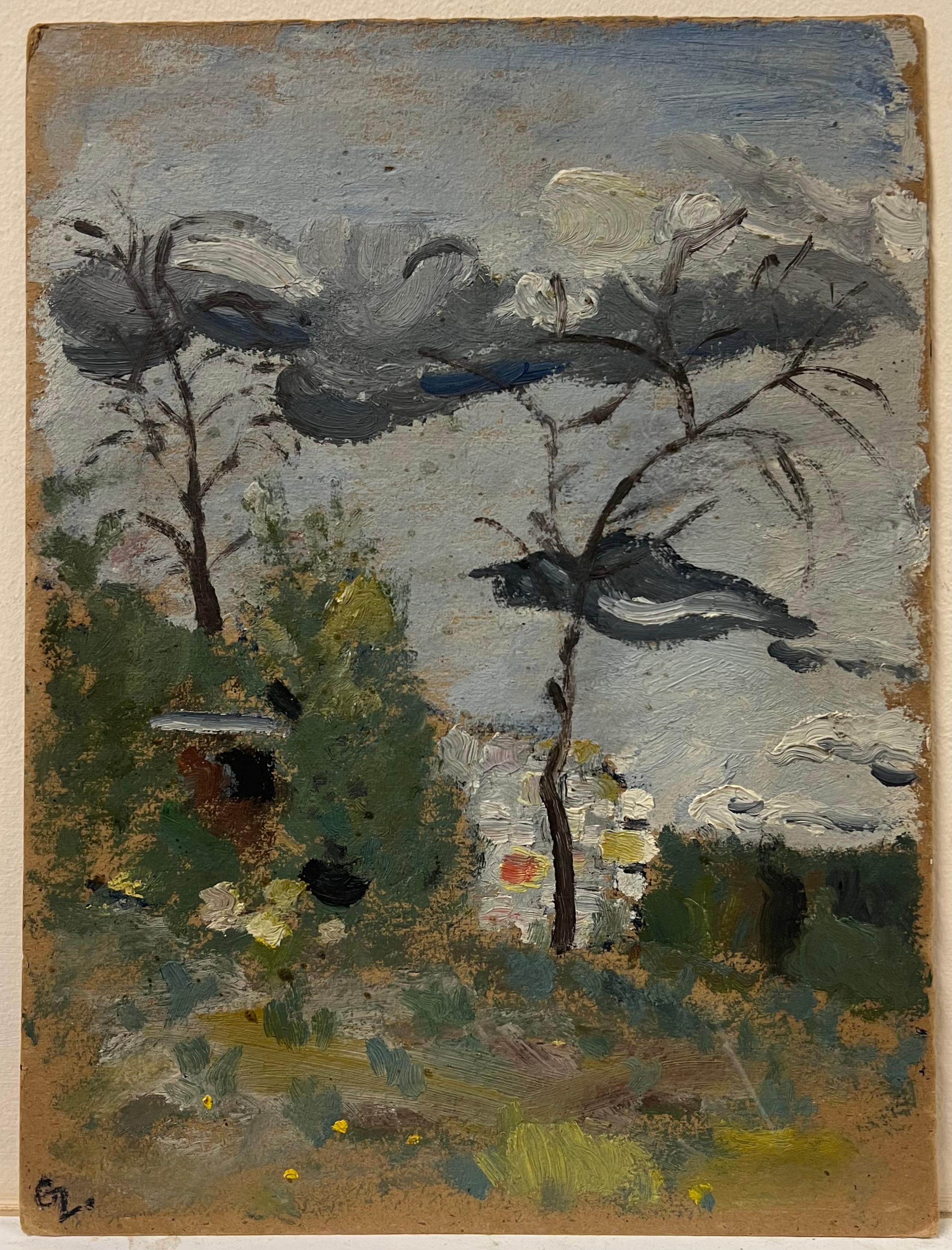 Mid 20th Century French Oil Painting Moody Landscape with Trees & Overcast Sky For Sale 2