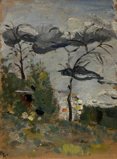 Mid 20th Century French Oil Painting Moody Landscape with Trees & Overcast Sky