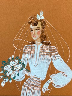 1940's Fashion Illustration - Beautiful Bride & Child Portrait Scene